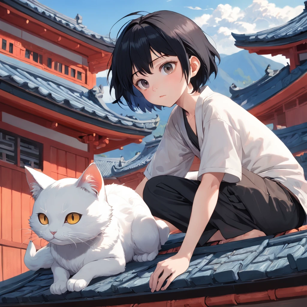 A short-haired Asian boy, with big eyes and black hair, is lying on the roof. There is a small white cat next to her, and the scene has a Japanese style.
