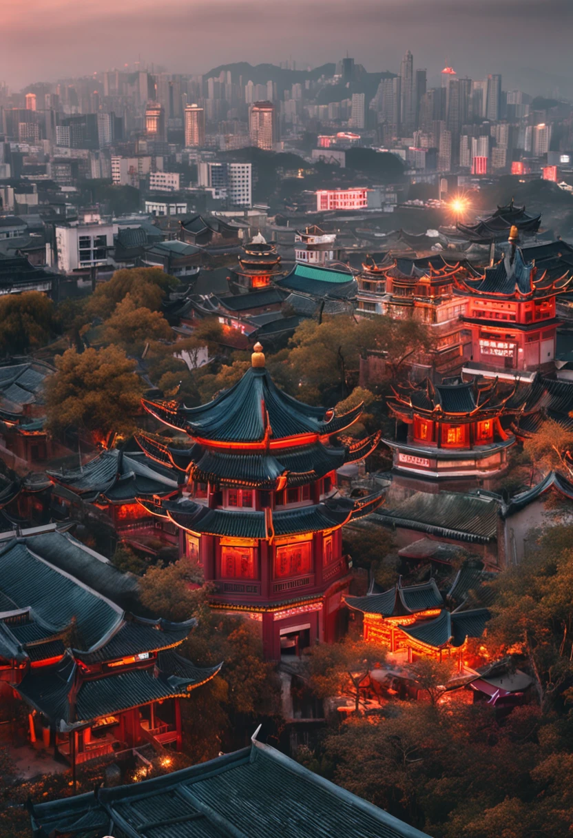 Cities in the air，Chinese style architecture，White tones，Holy Spirit，Faraway view，Multiple characters