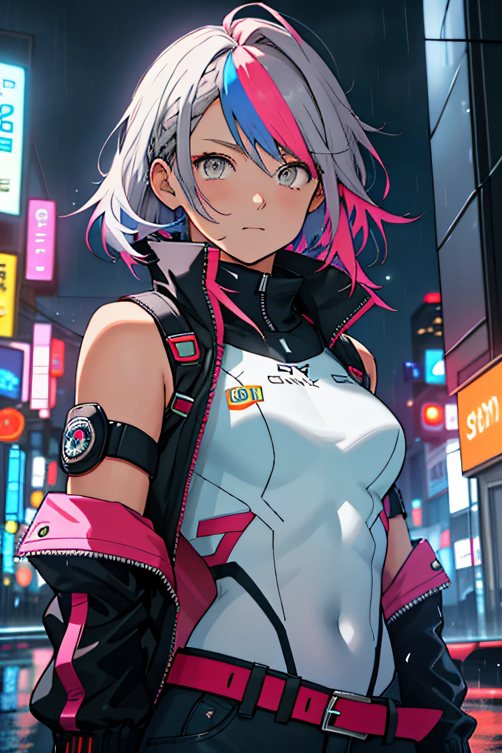 ((unparalleled masterpiece ever, Best Quality, Perfect Artwork)), (Detailed),(((1 girl))), (Ultra-detailed), (hyper detailed background), Illustration,((Low contrast)), ((low brightness)),((Scenery)),City Sape Tokyo Mogamikan, (Realistic buildings), (realistic sky), Realistic background, (Realistic Cloud), crystal clear skies, (Smooth Cloud),Night,Winters,lightsmile,look at viewr,Drone Shots, (Standing), jackal,Long hair,Pink hair,Shorts,hair clips,Open jacket,Red Eyes,White jacket,cleavage,striated hair,Pink gloves,Navel,Ahoge,Midriff,The tattoo,facial mark,Pink shorts,Choker,hair between eye, Twin-tailed,Long sleeves,White hair,Thigh strap,Belt bag,Single pink thighs, QuickHands