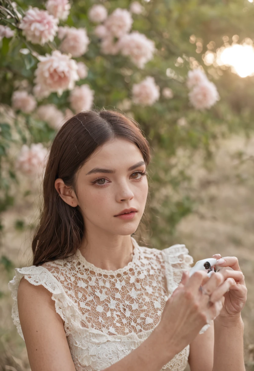 menina fada, wearing a crochet top, crochet top, Pescador, baby blue, aesthetic, bolo, cores bolo, Cortada, flor, Borboletas, Fairycore, Goblincore, Longas, elfo, Movie Lighting, olhando a camera, foto do instagram, Selfie, olhando para os espectadores, rosto angelical, menina bonita, menina branca