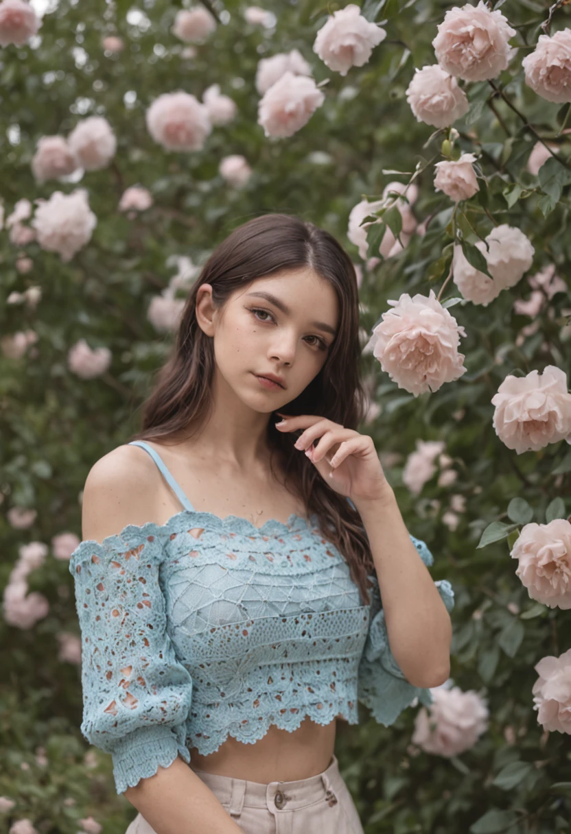 menina fada, wearing a crochet top, crochet top, Pescador, blue, aesthetic, bolo, cores bolo, Cortada, flor, Borboletas, Fairycore, Goblincore, Longas, elfo, Movie Lighting, olhando a camera, foto do instagram, Selfie, olhando para os espectadores, rosto angelical, menina bonita, menina branca