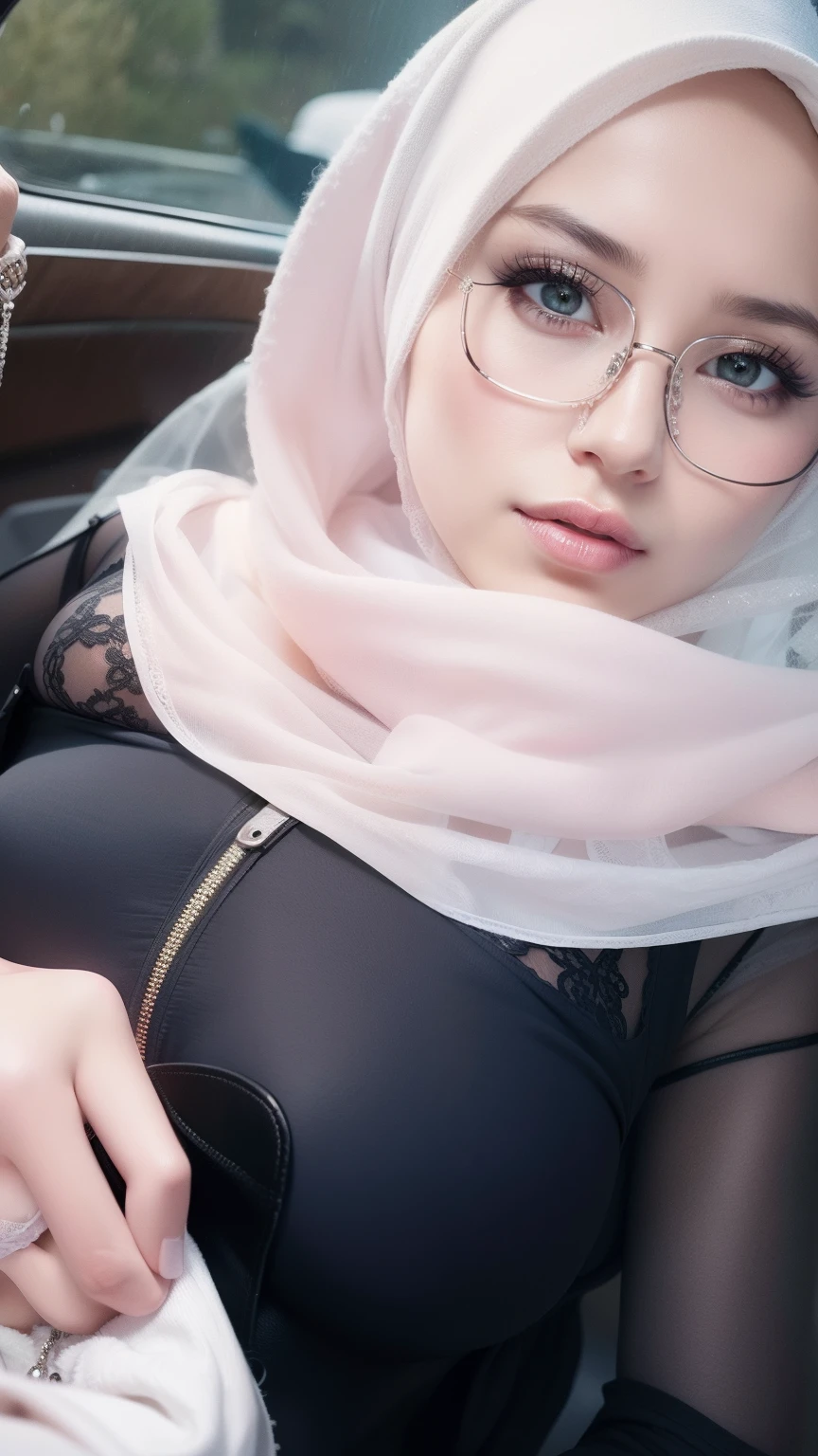 (Large Cbreast: 1.6), sexy breast, cleavage, (hijab), (open front clothes: 1.3), sexy bra, real skin, realistic skin, real breast, realistic breast, detailed skin features, detailed clothes features, body proportions, voluptious body, real face, detailed facial features, beautiful eyes, grey eyes, detailed eyes, parted lips, gloss on lips, detailed face and breast, best quality, masterpiece, 8k, ultra-detailed,