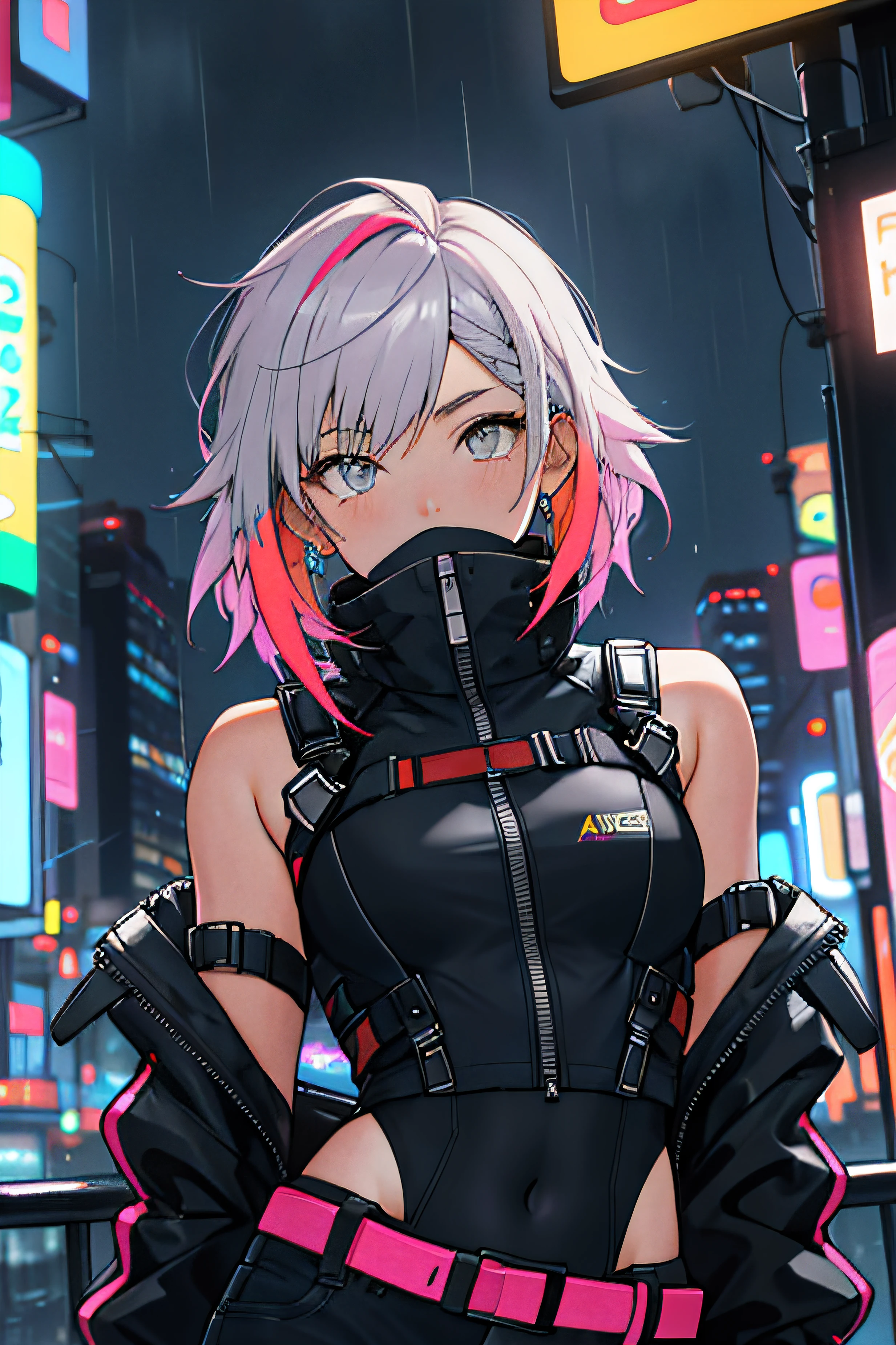 portrait, 1 girl, beautiful face, asymmetrical hair, multi-colored hair, belt, bodysuit, covered mouth, covered navel, detached sleeves, grey eyes, hip vent, open jacket, cute, look at viewer, night city, neon, rainy,