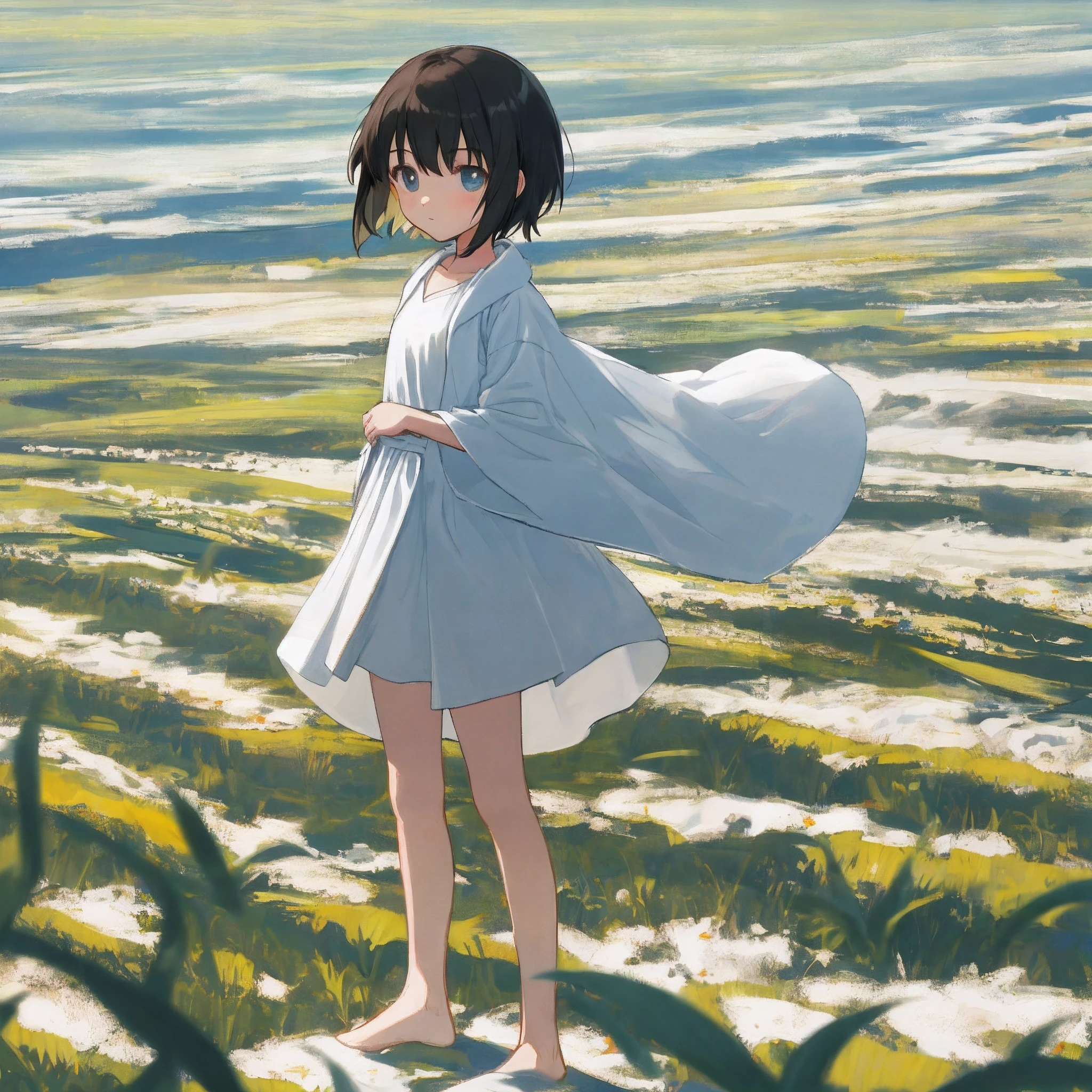 ,Flat chest, standing,Short hair, Short dress,Summer dress, White dress, dressing gown