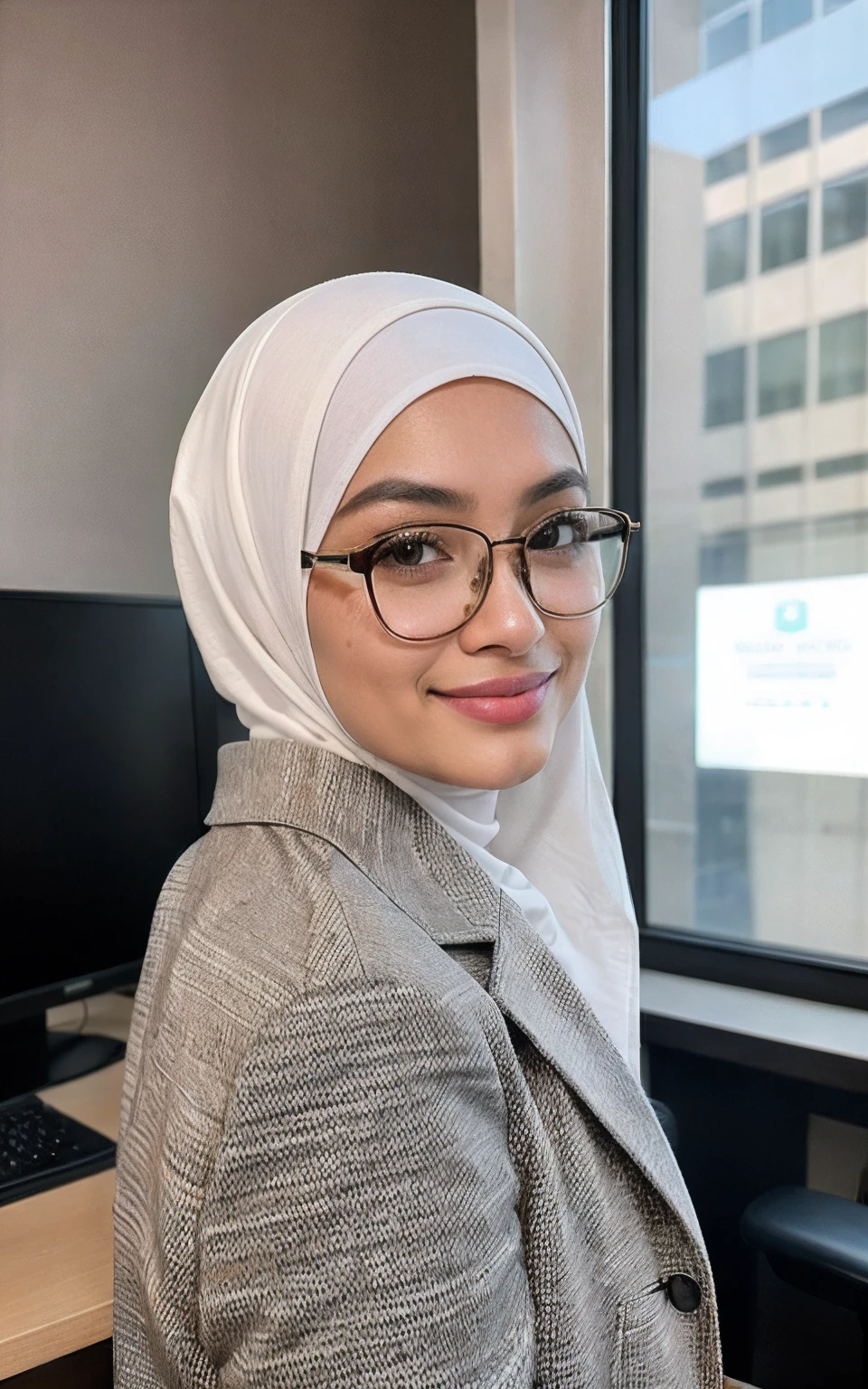 photorealistic, best quality, hyper detailed, beautiful woman asian age 22 name nurul, selfie photo, upper body, solo, wearing tudung muslim,hijab,nerd eyewear,expensive blazer coat closed, indoors, (evening), office wall street,forex chart,computer(cheerful, happy,confident,rich,calm), looking at viewer, skin texture, film grain, close up, ultra high res, best shadow, instagram Nurul