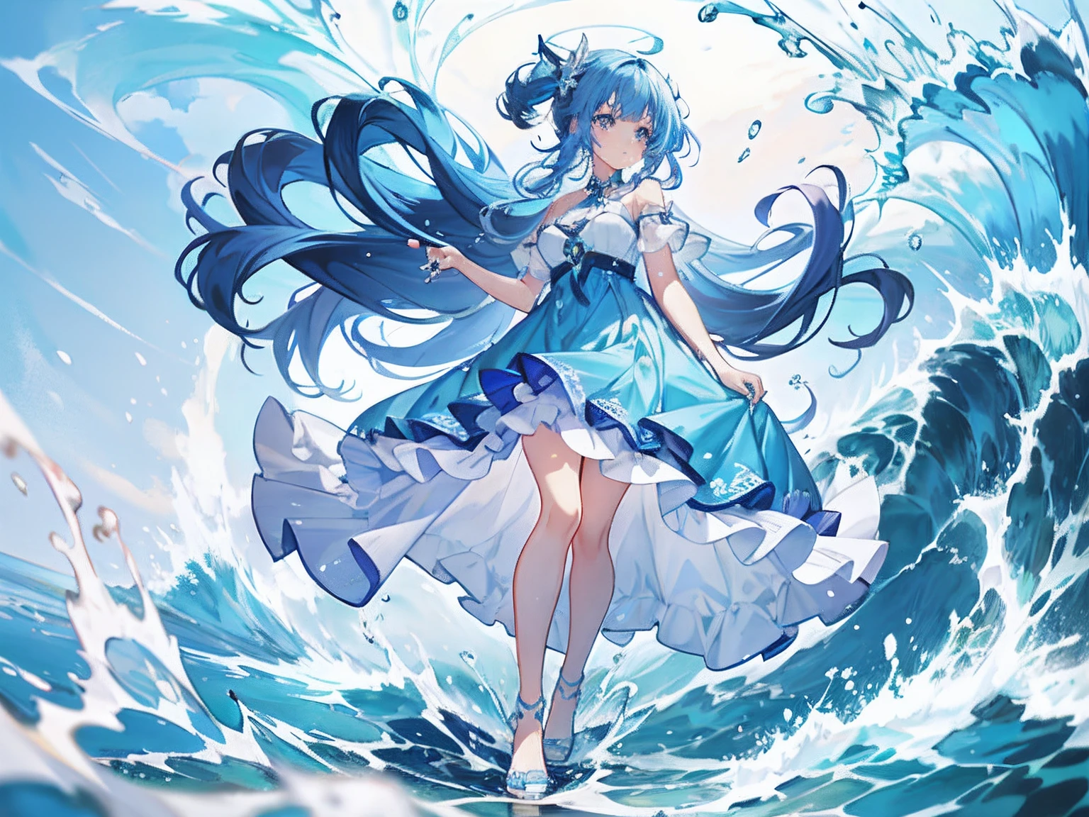 Anime girl in blue dress standing on waves in ocean, wallpaper anime blue water, goddess of the sea, water elemental, Splash art anime ****, Azure Ocean, trending on artstation pixiv, Digital art on Pixiv, Goddess of the sea, Anime girl walking on water, pixiv contest winner, azure waves of water, ****