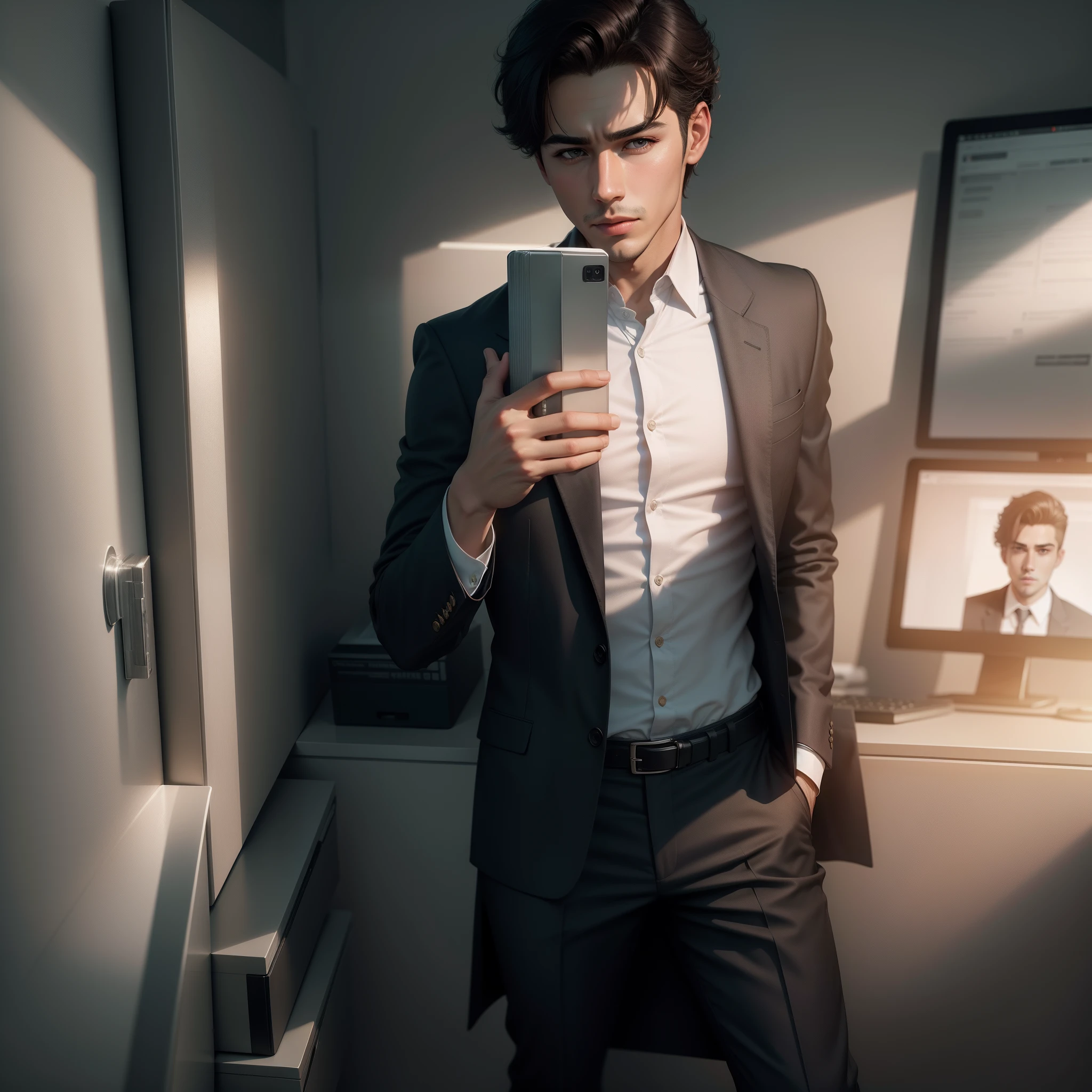Change background office type handsome boy, realistic, 8k, ultra high resolution