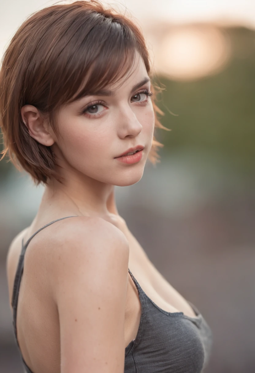 (best quality, masterpiece, highest detailed), (photorealistic:1.2), (detailed light:1.2), (Realistic skin texture:1.4), raw photo, close-up, portrait of a charming young girl, red hair, short haircut, freckles, green eyes, slender body, black bra, deep neckline, push-up, looking at the camera, simple black background, forelock on the chest, soft light passing through the hair