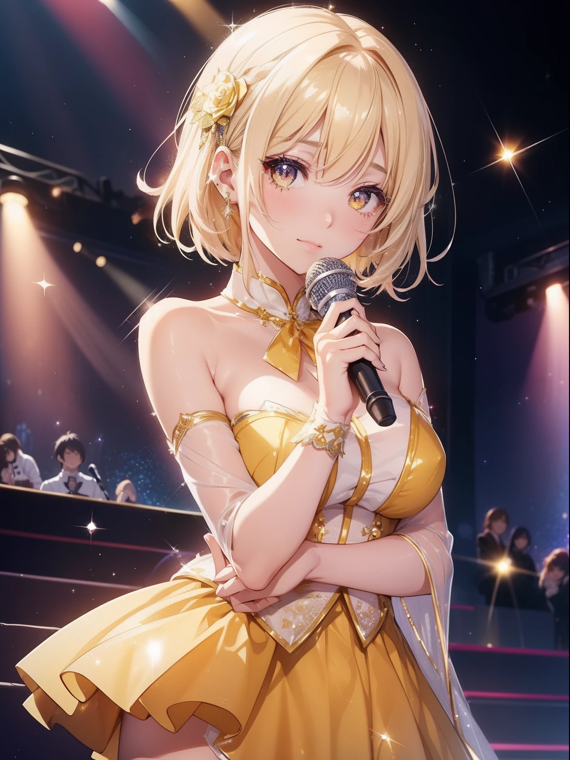 masutepiece, High resolution, 8K, anime woman, Delicate and detailed writing 、Detailed digital illustration、Short hair、perm、Shiny hair、Bangs、a very beautiful woman、Eyes are double, Large, Bust is D cup、High image quality, High quality、Detailed background、(((Wearing idol clothes)))、The inside of the eye shines like a diamond、Light yellow hair、Gradient pupil、(((2 arms、4 fingers, 1 thumb)))、Detailed female face、Very beautiful and cute woman、、细致背景、​masterpiece、Soft Focus , Bright gradient watercolor , Lens Flare , (((Glitter))) , Glow , Dreamy , (((Holding a glitter microphone in your hand)))、a miniskirt、Idol、Yellow Ribbon、Very beautiful yellow rose hair accessories、Yellow and gold costume with white as the main color、(((Face Close-up))、Glitter Cat Ear Headband、Eyes with blue gradient glow