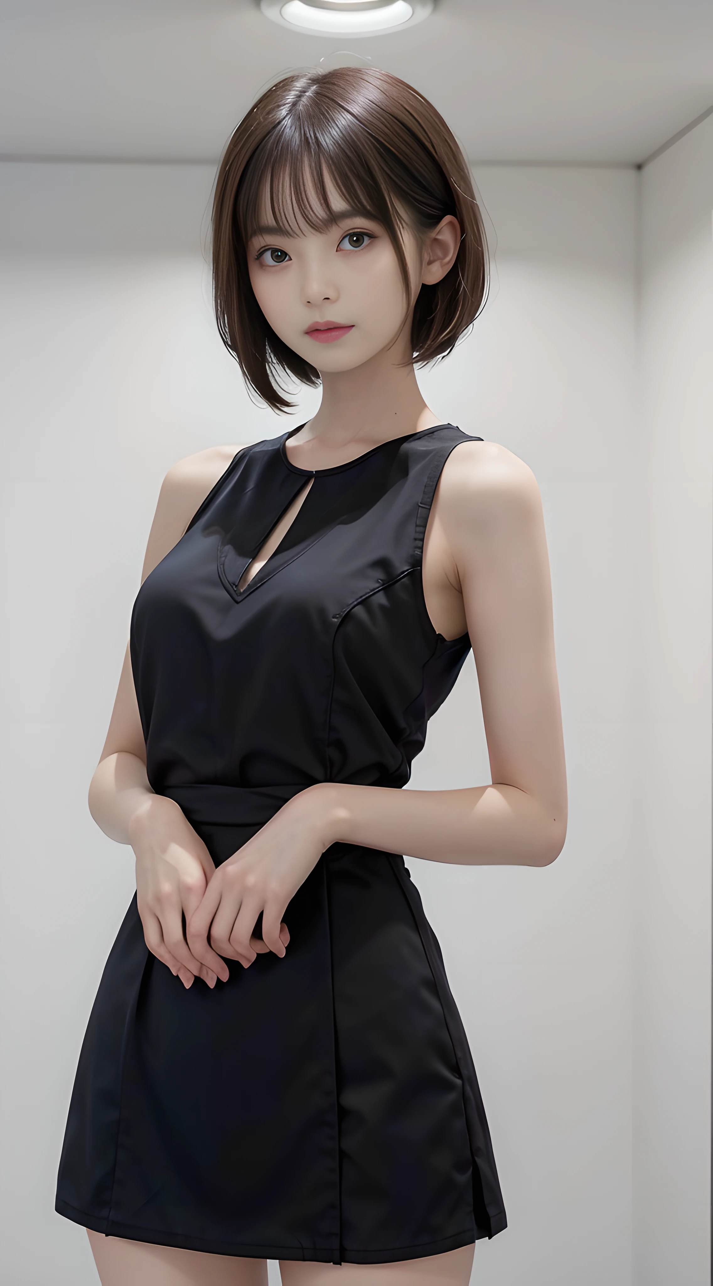masterpiece, 1 beautiful girl, detailed eyes, puffy eyes, best quality, ultra high definition, (reality: 1.4), original photo, 1girl, cinematic lighting, Japan, asian beauty, korean, super beautiful, beautiful skin, slender, body facing front, (ultra-realistic), (high resolution), (8K), (very detailed), (best illustration), (beautifully detailed eyes), (ultra detailed) , detailed face, looking at the viewer, facing straight ahead, neat clothes, sleeveless, short hair, black hair, 46 points diagonal bangs, room based on white background tone, neat atmosphere,