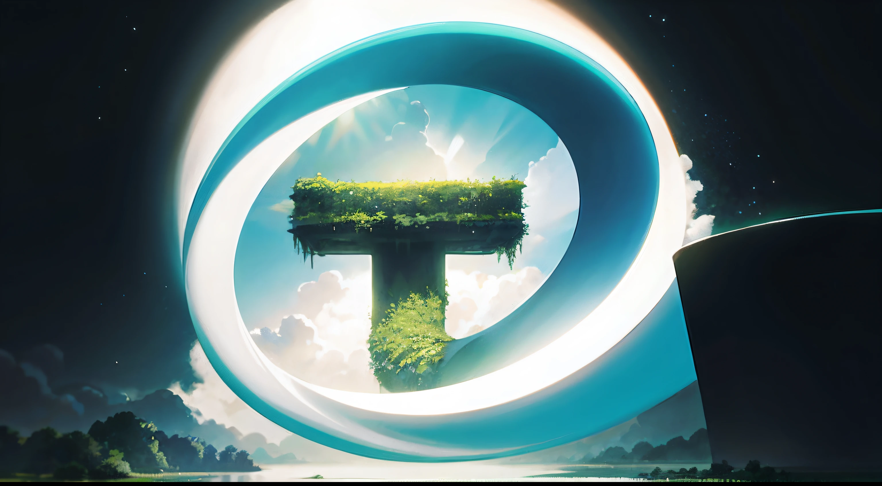 Future world ecology，Water and grass are abundant，Jungle meadows，There are spots of light floating in the air，Cool light，Beautiful world，Futuristic