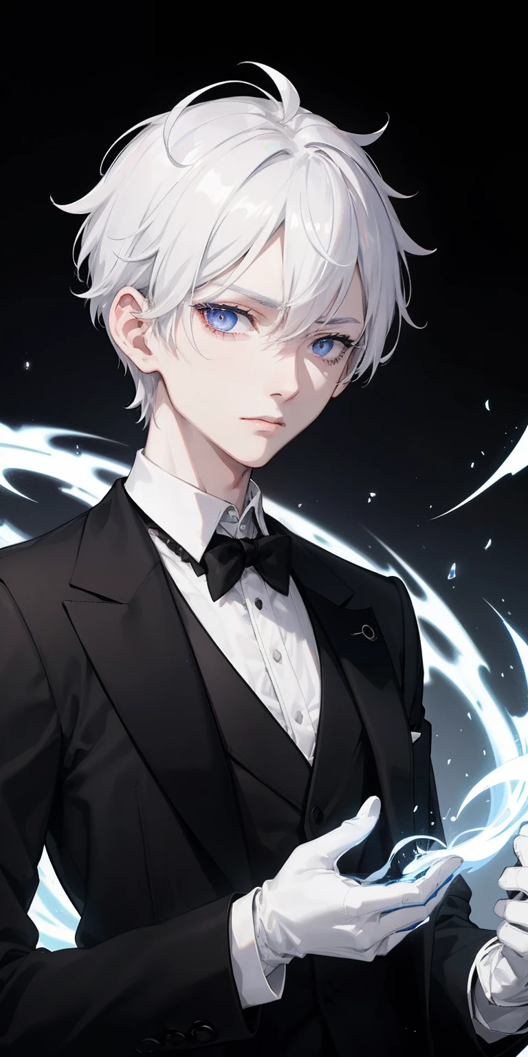 1 boy, Grey skin, white hair, short hair, Black scleras, glowing irises, black eyeshadow, white shirt, black tailcoat, white gloves, dark magic, stoic,
