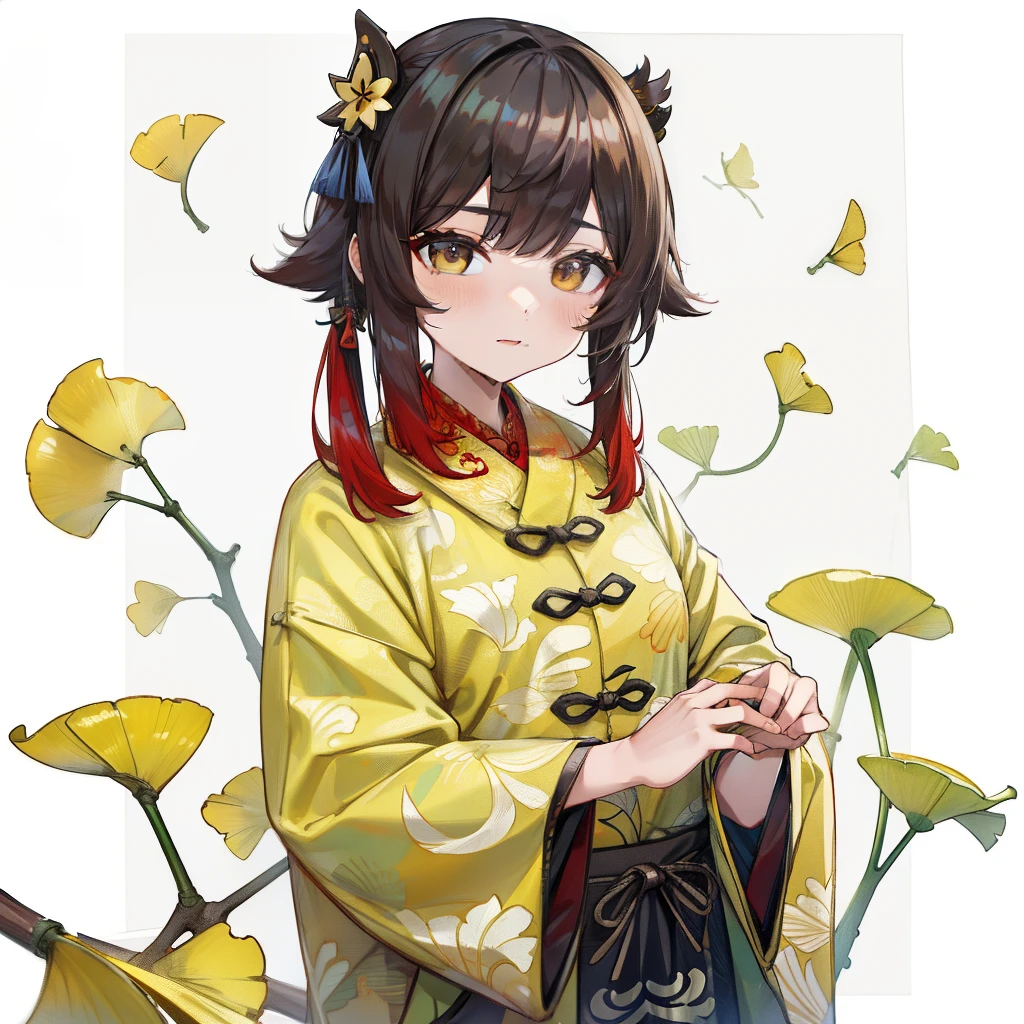 yellow Chinese ginkgo biloba leaves pattern white background, Hu tao from genshin impact, casual outfit
