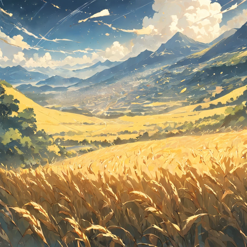 There are large patches of yellow wheat in the foreground,The background is rolling mountains,Close-up,ginkgo leaf,amarelo,Faraway view,mont,Cloud fog,high definition detail、tmasterpiece、Best quality,Wallpapers