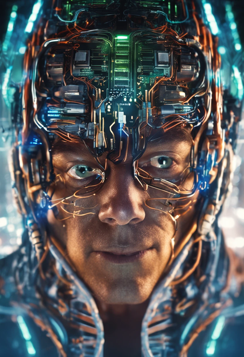 A person with a circuit board embedded in his forehead, Exudes mysterious energy.