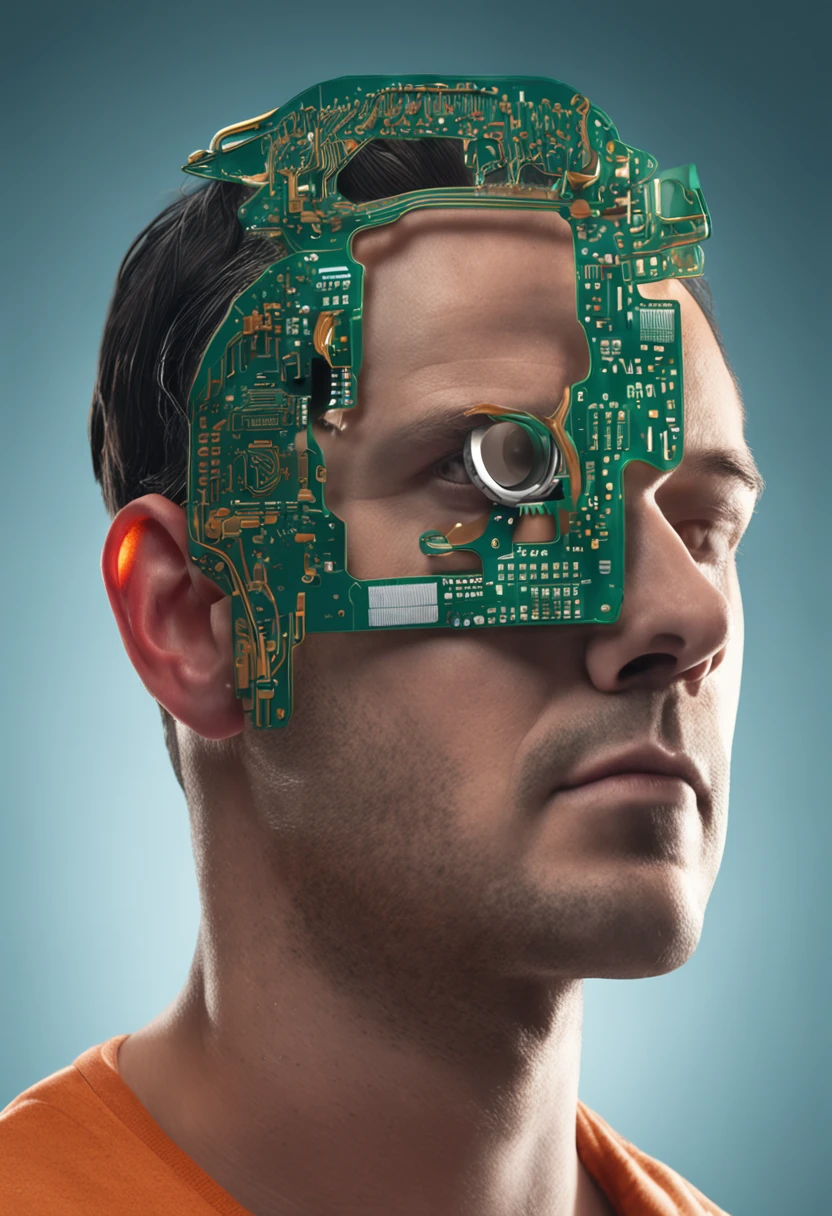 A person with a circuit board embedded in his forehead, Exudes mysterious energy.