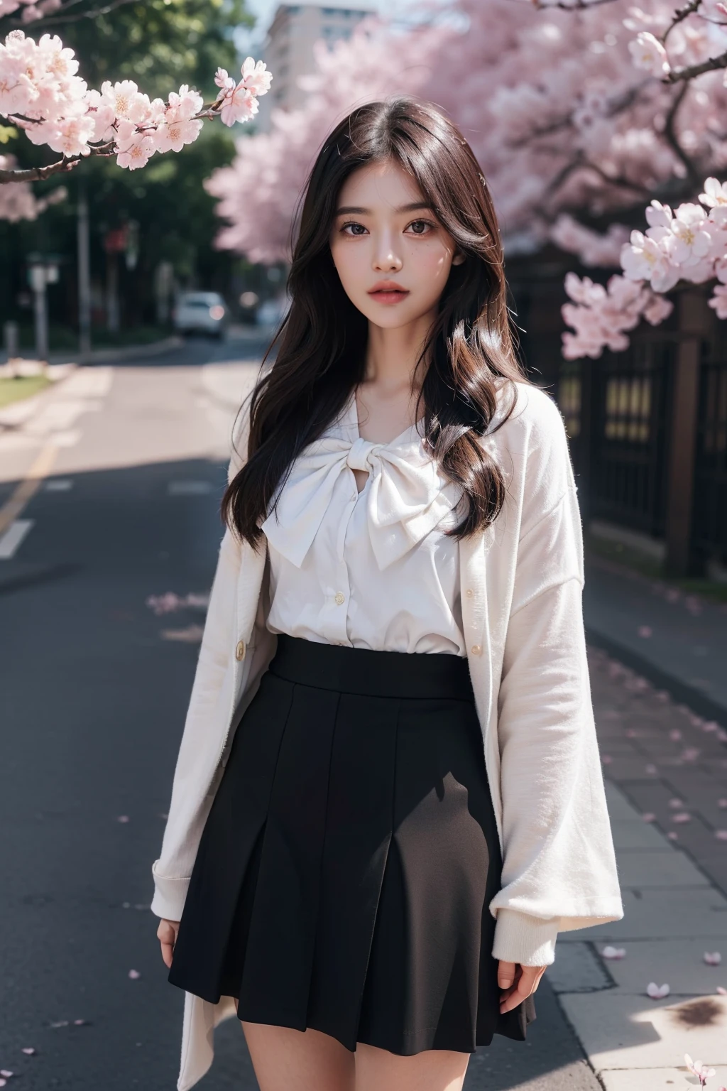 ((Midnight, Best quality, 8k, Masterpiece :1.3)), Whole body, Long legs, Sharp focus :1.2, A pretty woman with perfect figure :1.kepang rambut ke sa:1.1, ((Dark brown hair, m)), (Brown uniform with a knee-length skirt with a licac robe with a cherry blossom motif , bow hair, ,Standing:1.2), ((:1.3)), Highly detailed face and skin texture, Detailed eyes, Double eyelid,