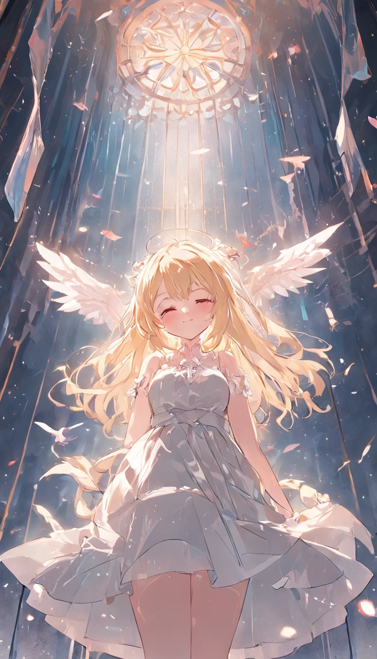 tmasterpiece,Best quality at best,1个Giant Breast Girl,blond hairbl,Lace white dress,teens girl, girls,独奏,Glass flower room,Transparent wings,long whitr hair,ssmile,Sleep on your side with your eyes closed,There are a lot of flowers around the cosmic background,Vertical painting effect,The upper part of the body