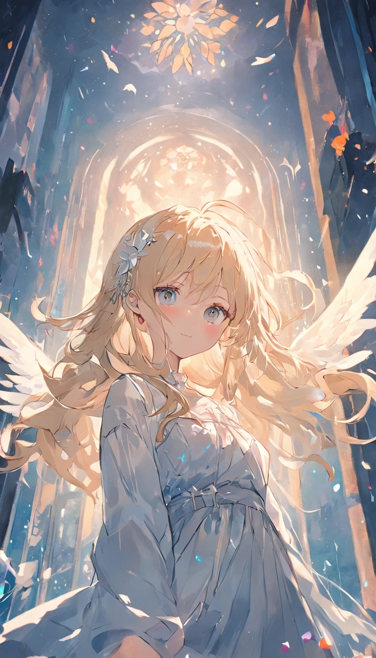 tmasterpiece,Best quality at best,1个Giant Breast Girl,blond hairbl,Lace white dress,teens girl,middle School girls,独奏,Glass flower room,Transparent wings,long whitr hair,ssmile,Sleep on your side with your eyes closed,There are a lot of flowers around the cosmic background,Vertical painting effect,The upper part of the body