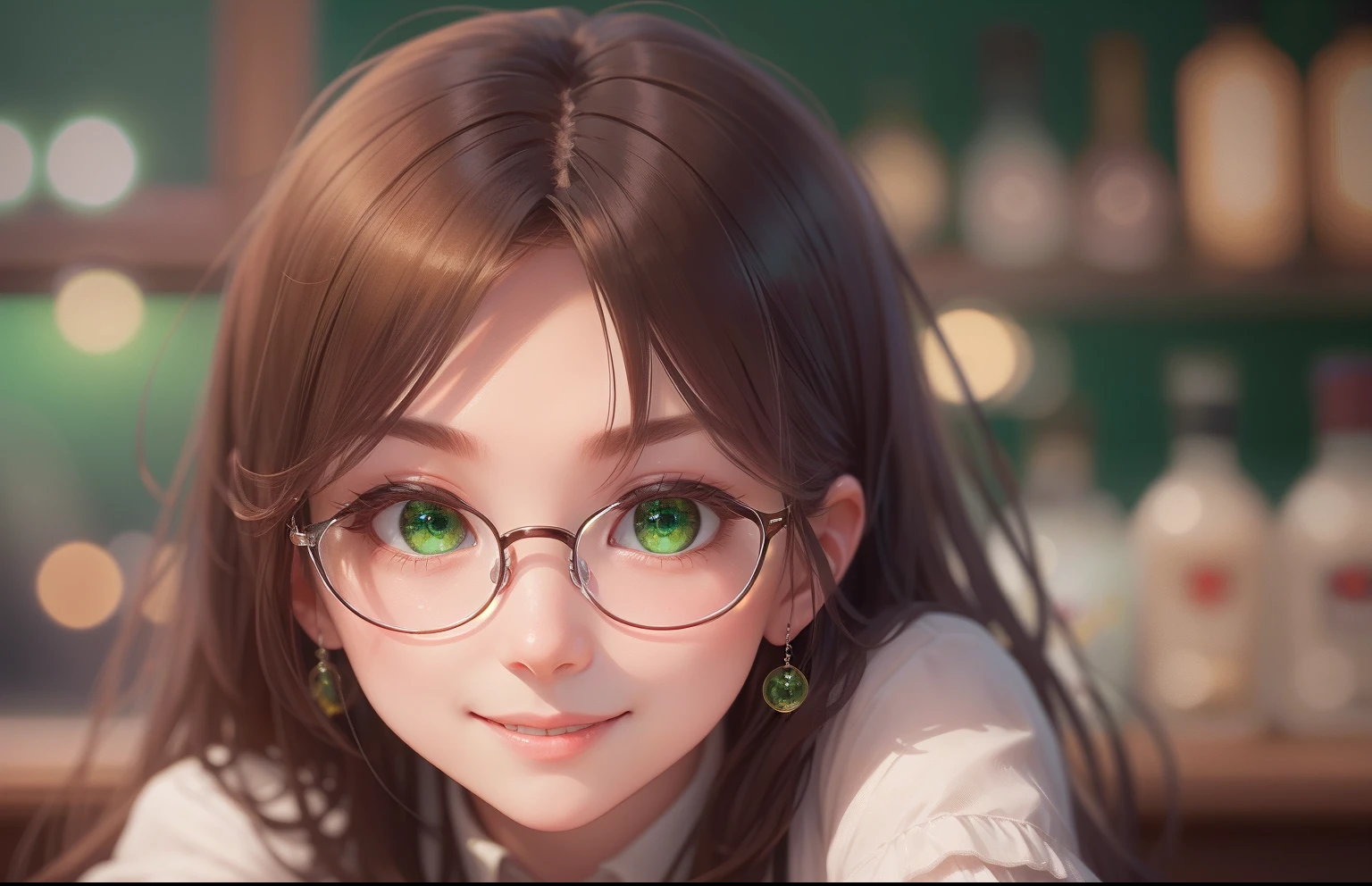 (Masterpiece), (Best quality), 超高分辨率, Sharp focus, ((1 woman, Solo)), (in the bar), (in the night time:1.2), Upper body, medium to long shot, MLS, Beautiful detailed hair, Chestnut brown hair, Long hair falling down, Detailed glasses, ((Beautiful eye shape, Green eyes)), Beautiful detailed face, perfect feminine face, Comfortable face, Look at the viewer, Smile - original style