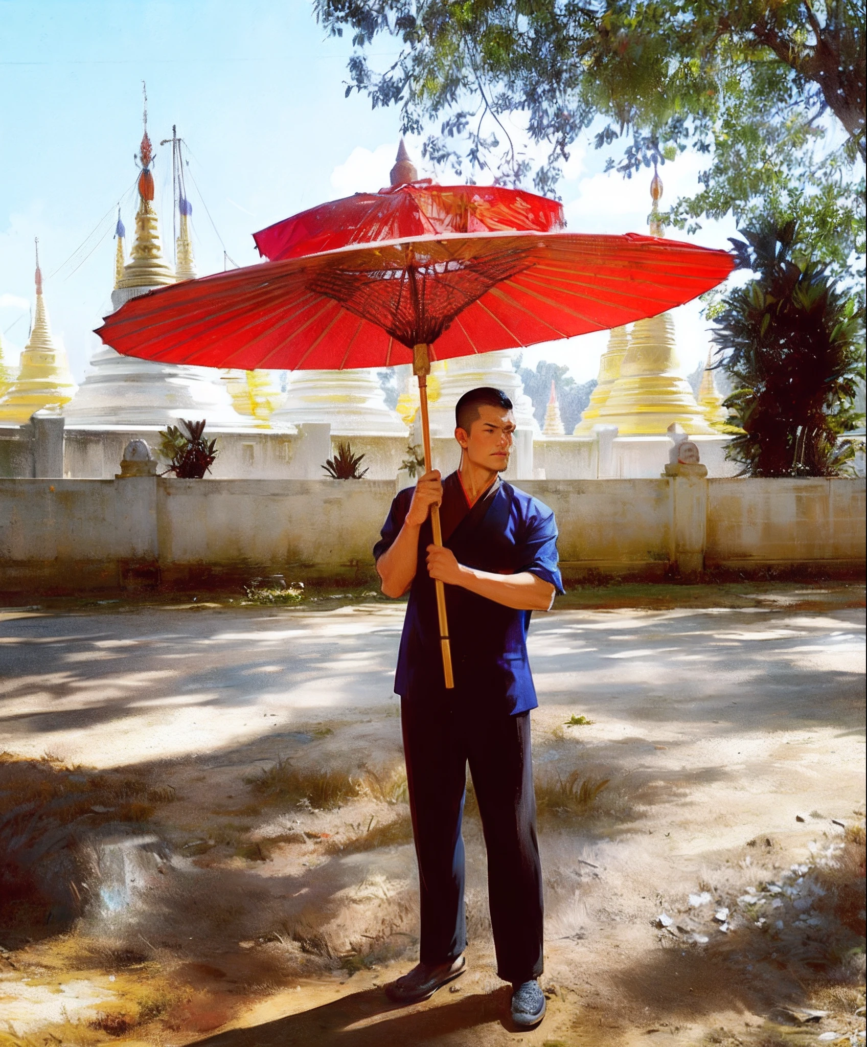 a man holding a red traditional parasol giant umbrella with a small umbrella as double-layed, in front of a compound of golden stupas with a white wall, standing in the yard of Thai buddhist temple, standing with a parasol, Tai myanmar, golden-colored pagoda stupas, buddhist, taoist temples and monks, buddhism, handsome face with detailed facial features, accurate correct male anatomy and precise fingers number and shape, beautiful tropical landscape and plants environment, stormy black dark gradient dramatic sky, he is wearing blue colored thai silk outfits, artistic, detailed fined high quality illustration art, ASEAN sense, sharpness, shadow, highlighting, detailed retouching, professional DSLR shoot,masterpiece