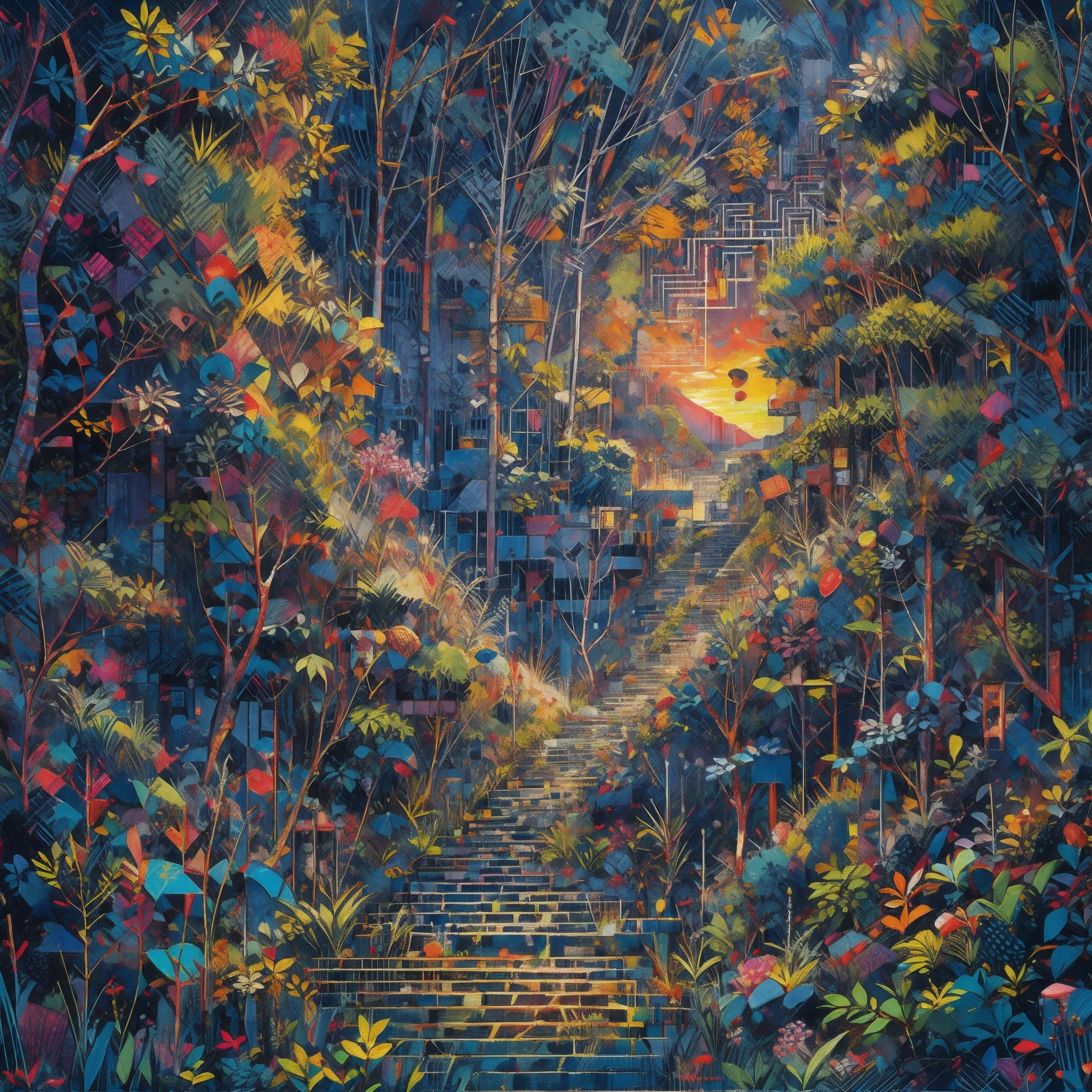 Hyperdetailed regenerative [glitch] art, (koan), matte, understated, (meditative: 1.2), (harmonic) impressionism, cerebral, (interconnected), labyrinth, (introspective), psyche, balanced and reciprocal, (sunset) concept: ("Up the green slope, beneath the forest's roof, With slow, soft steps leaving the mountain's steep, And sought those inmost labyrinths, motion-proof.")