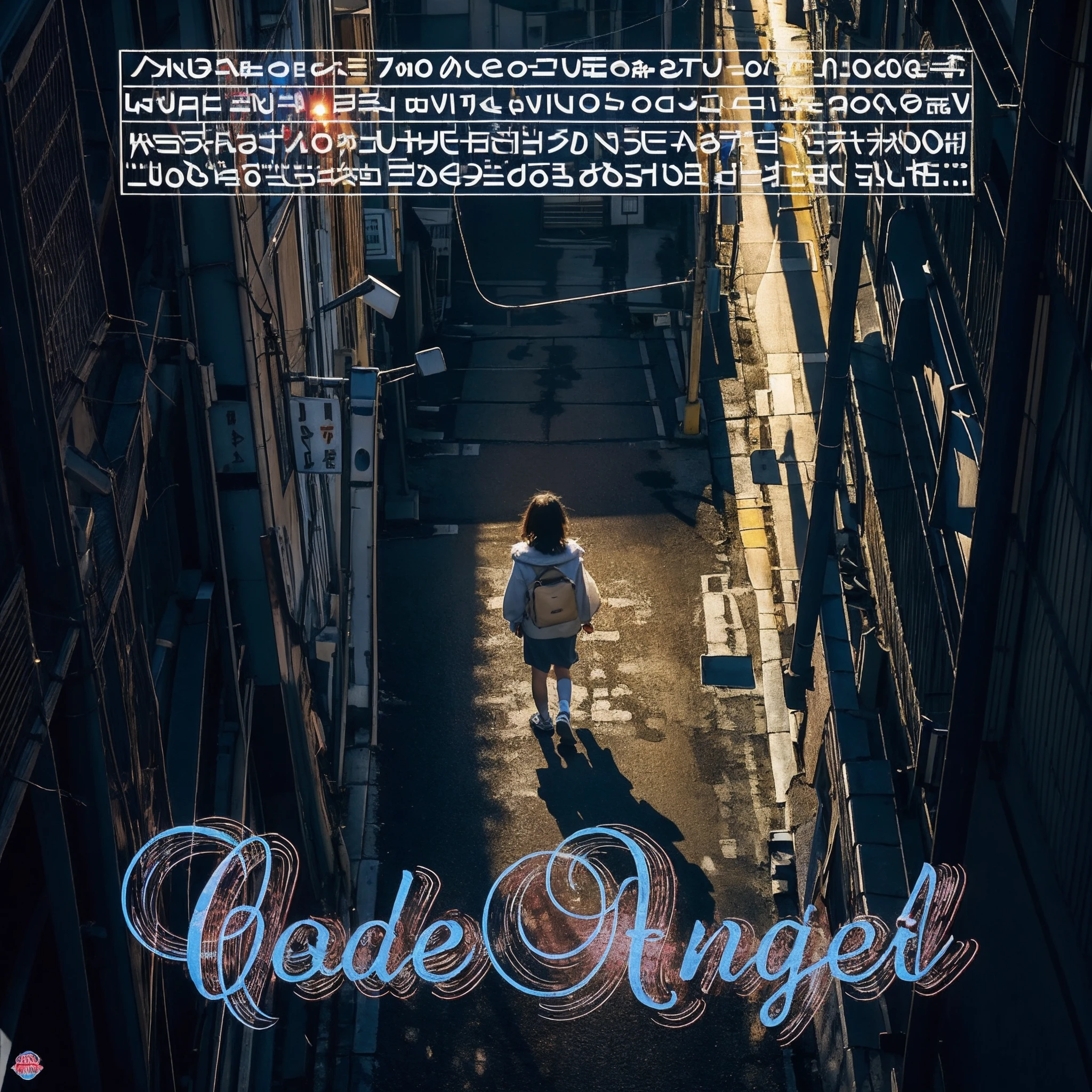 CODE ANGEL has a photo of a Japan -yeld wo walking down a street in the sunset light, Reflective sunset、detailed photo、​masterpiece、High-quality photos、Movie Posters