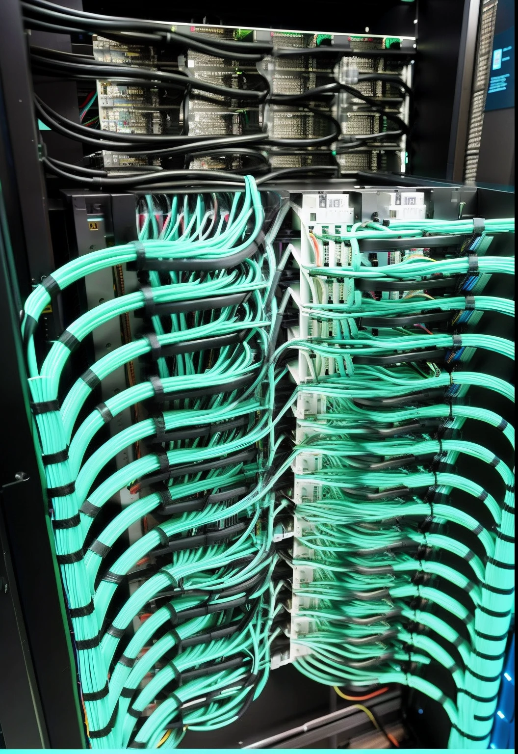 Close-up of a row of wires in the room, Data Center, Data Center, extreamly detailed data center, Has hundreds of network cables, cloud server, supercomputer, Rack