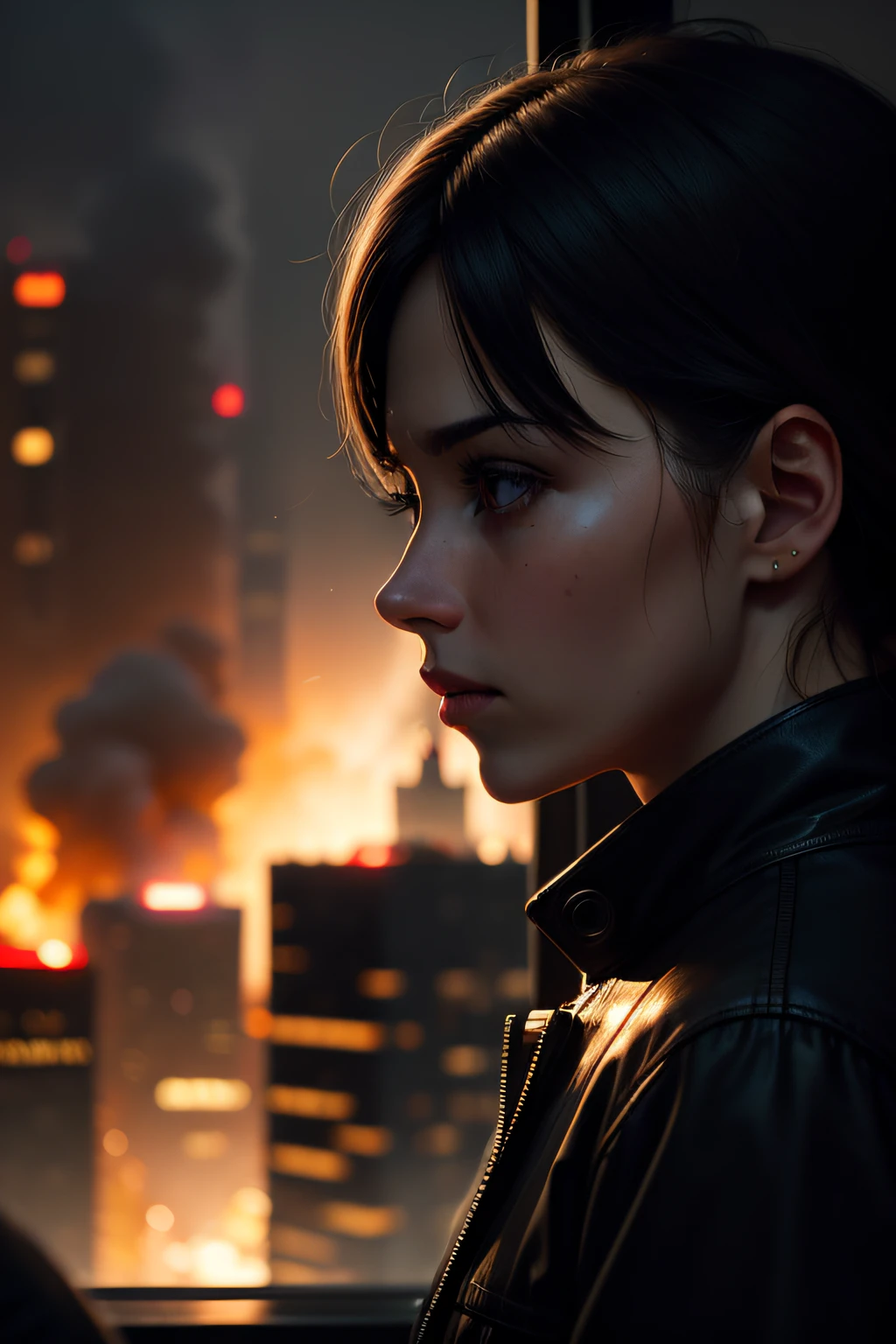 Photo Realistic Portrait High Detail Bokeh Cinematic Lighting Outside the window，The city is on fire and smoking，The crowd in the distance ran in panic