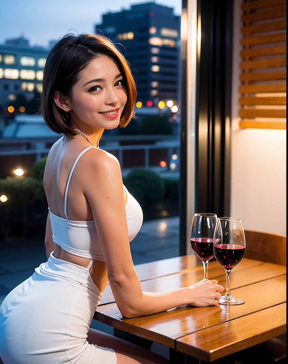 (64K, UHD, top quality, masterpiece: 1.2), (realistic, photorealistic: 1.37), super detailed, pretty woman 1 person, (slim face), (slim body), (brown hair), (short cut), cheeks slightly blushing, (44 years old), 38 years old, solo, beautiful detailed urban night view outside the window, restaurant, wine glasses sit, at night, in a prominent placeNovaFrogStyle, Actress, Model, Waist Up, White Wine, Slim, Wine Glass, Super Clean Night View, Wine Glass Put in the Middle, Happy Smile, (Smile: 1.15), Beautiful Fine Eyes, Upper Body, Bust Japan Up, Night, Short, Short, Actress, Model, Waist Up, White Wine, Slim, Wine Glass, Super Clean Night View, Wine Glass Put in the Middle, Happy Smile,
