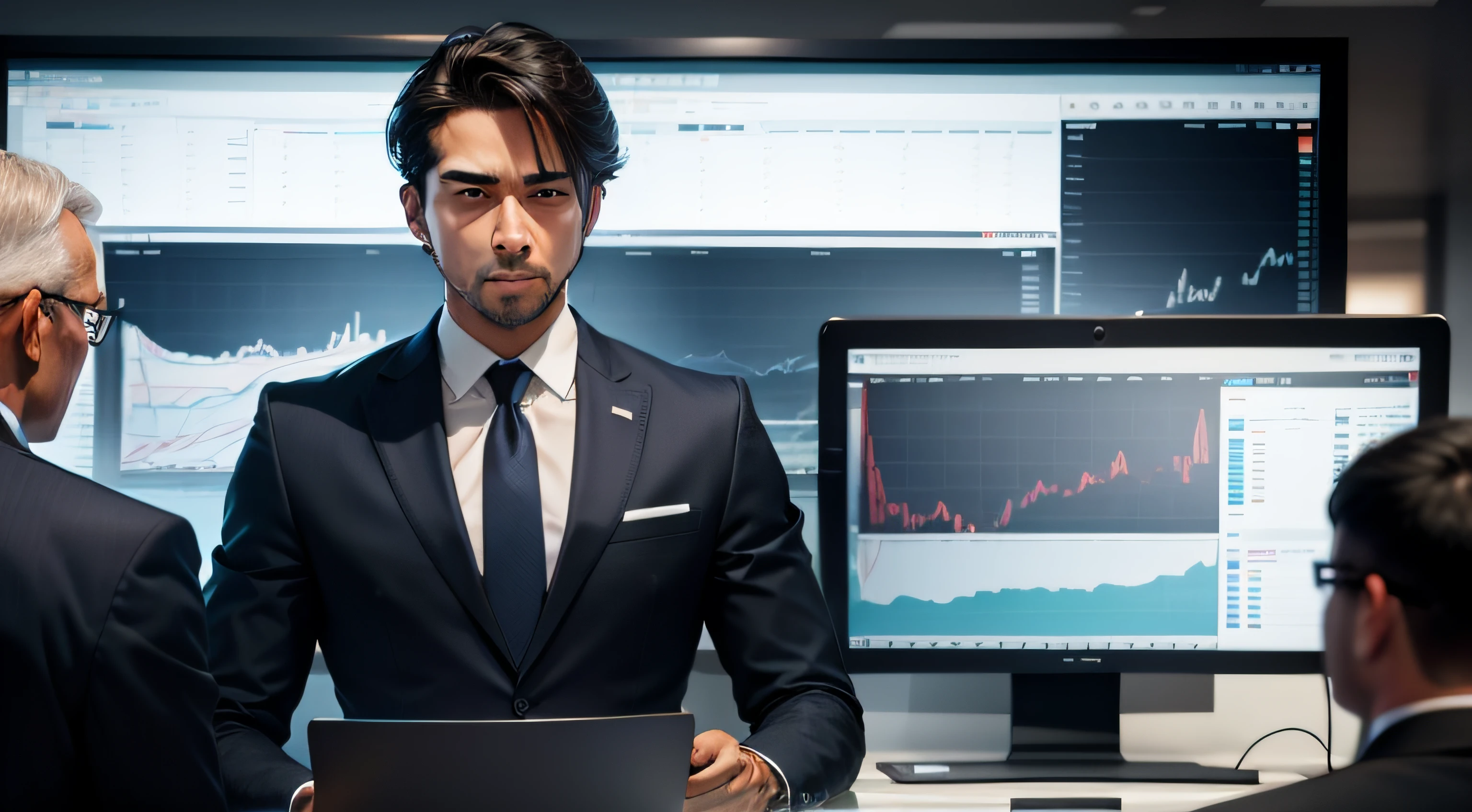 Businessman and a group of people looking at a computer screen，There are investment charts