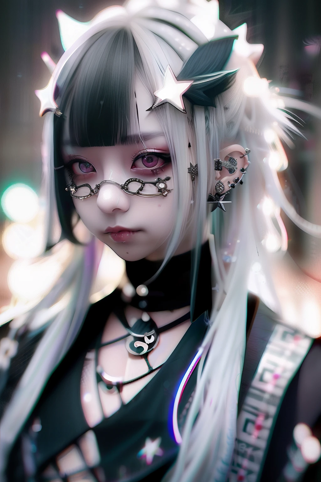 eye glass、Lunette de soleil、piercings、Forehead、Blunt bangs、Eyebrows are visible、The bikini、goth_punk, 1girl in, 独奏, medium shot, Walking in Harajuku, ((during night)), bokeh dof, Neon light, Iridescent eyes, starrysky, White shiny hair, White eyebrows, Radiant hair, (iridescent white hair), 耳Nipple Ring, bangss, jewely, masks, bluntbangs, verd s eyes, Mouth mask, blurry backround, bblurry, hair adornments, Look at viewers, shorth hair, portraitures, side locks