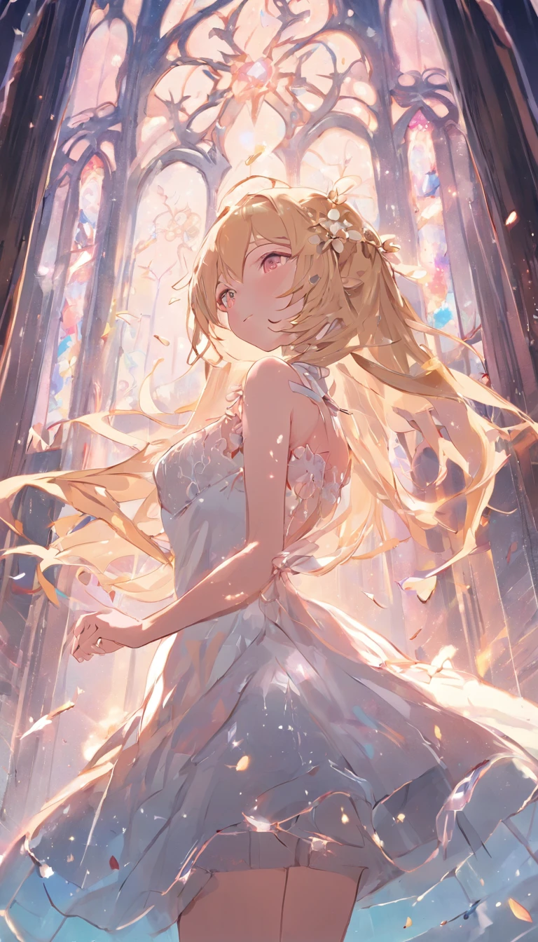 tmasterpiece，Best quality at best，1个Giant Breast Girl，blond hairbl，lacy white dress，teens girl， girls，独奏，Glass flower room，Transparent wings，long whitr hair，ssmile，Sleep on your side with your eyes closed，The upper part of the body