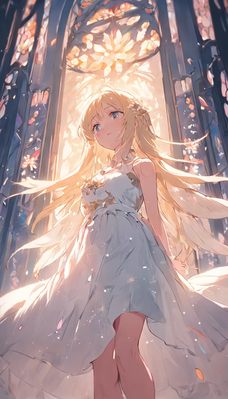 tmasterpiece，Best quality at best，1个Giant Breast Girl，blond hairbl，lacy white dress，teens girl，middle School girls，独奏，Glass flower room，Transparent wings，long whitr hair，ssmile，Sleep on your side with your eyes closed，The upper part of the body