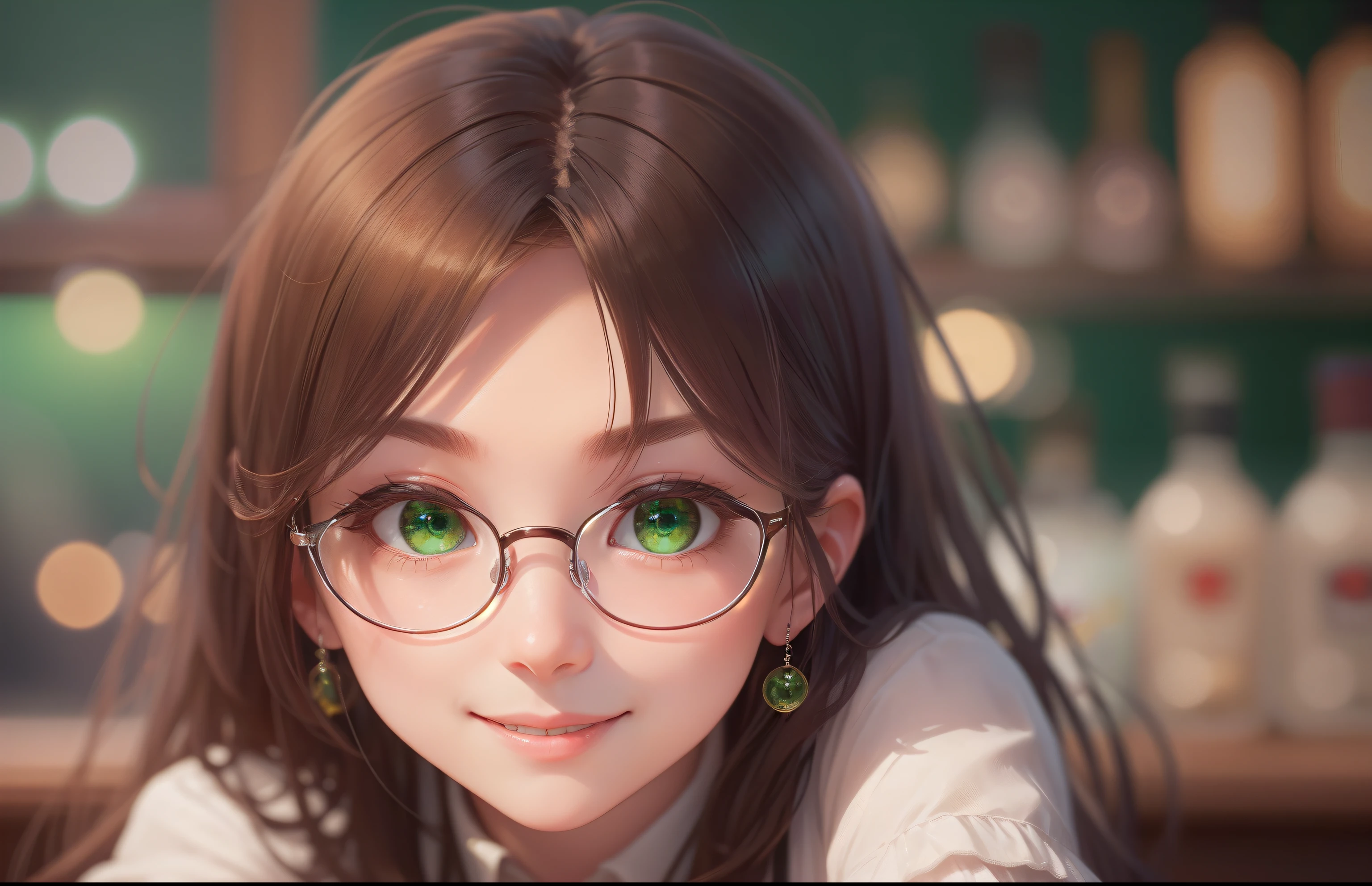 (Masterpiece), (Best quality), 超高分辨率, Sharp focus, ((1 woman, Solo)), (in the bar), (in the night time:1.2), Upper body, medium to long shot, MLS, Beautiful detailed hair, Chestnut brown hair, Long hair falling down, Detailed glasses, ((Beautiful eye shape, Green eyes)), Beautiful detailed face, perfect feminine face, Comfortable face, Look at the viewer, Smile - original style