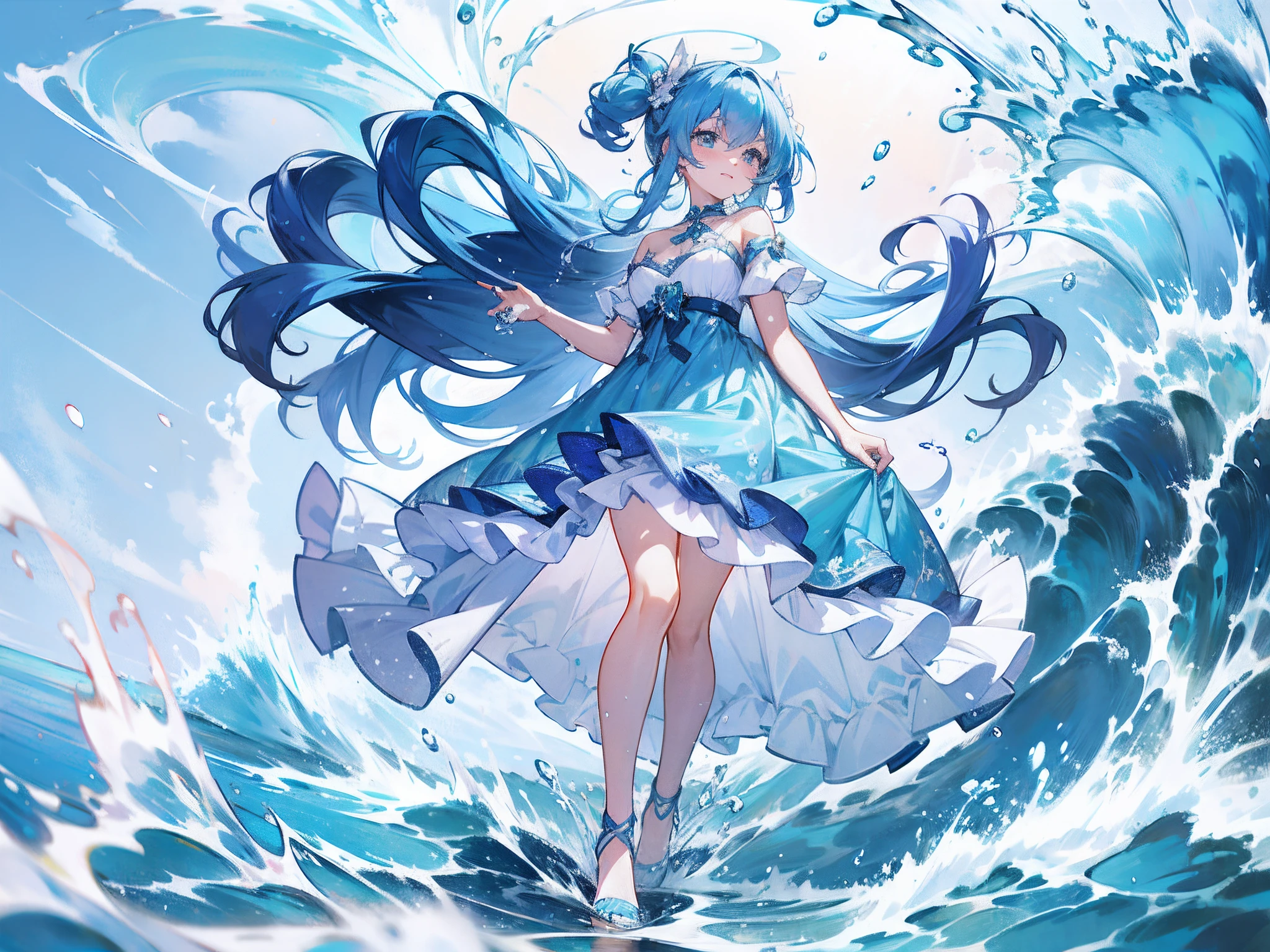 Anime girl in blue dress standing in water waves, wallpaper anime blue water, Anime girl walking on water, water elemental, azure waves of water, style of anime4 K, Anime art wallpaper 8 K, Goddess of the sea, Splash art anime Loli, Azure Ocean, Anime art wallpaper 4k, Anime art wallpaper 4 K, trending on artstation pixiv，cute  face，