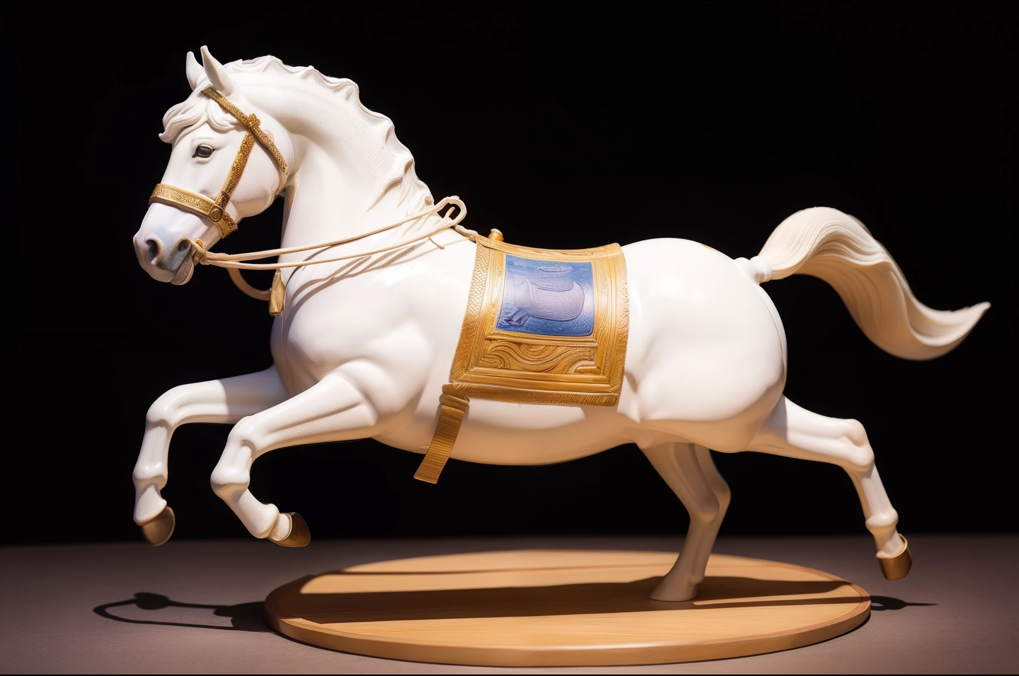 Tang Sancai style,A porcelain horse,handicraft,artwork of a,ancient china art style,chinaware,Real light,Ray traching,8K