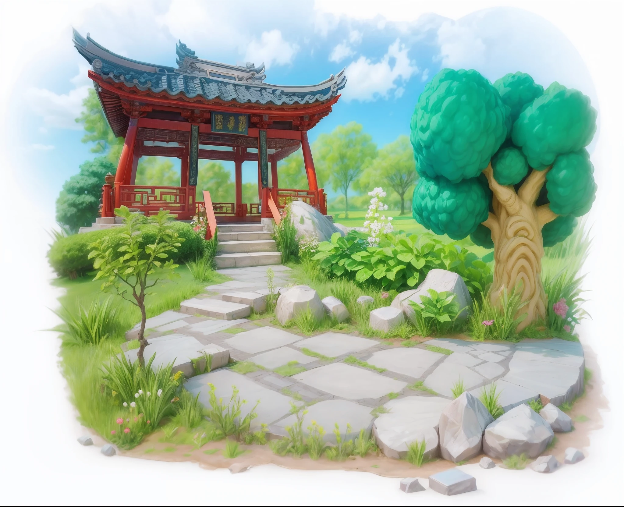 tmasterpiece,high qulity,A cartoon landscape,Chinese style pavilion,The tree,a plant,Flowers,steins,estilo cartoon 3d,There is texture,Ray traching,4K,