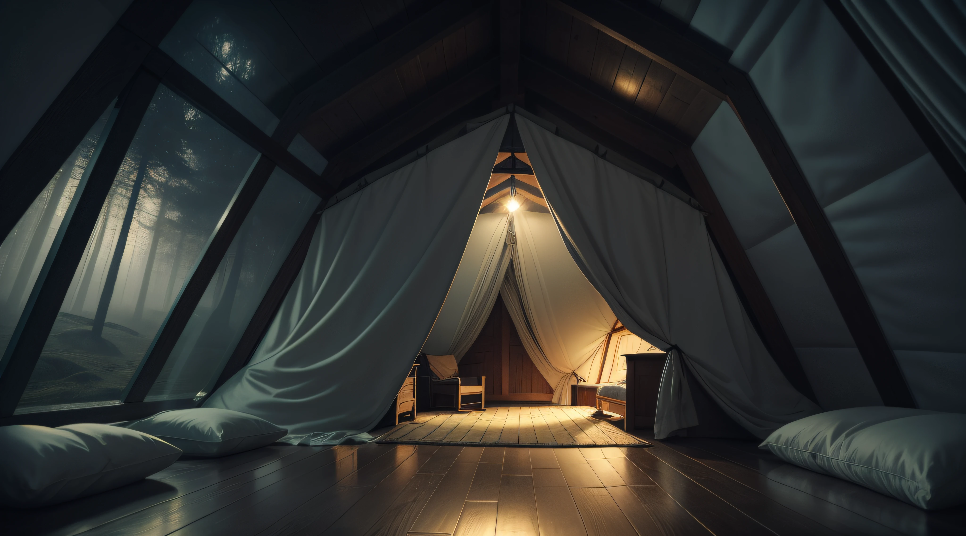 very heavy rain inside the cozy attic of a tent in the misty forest at night