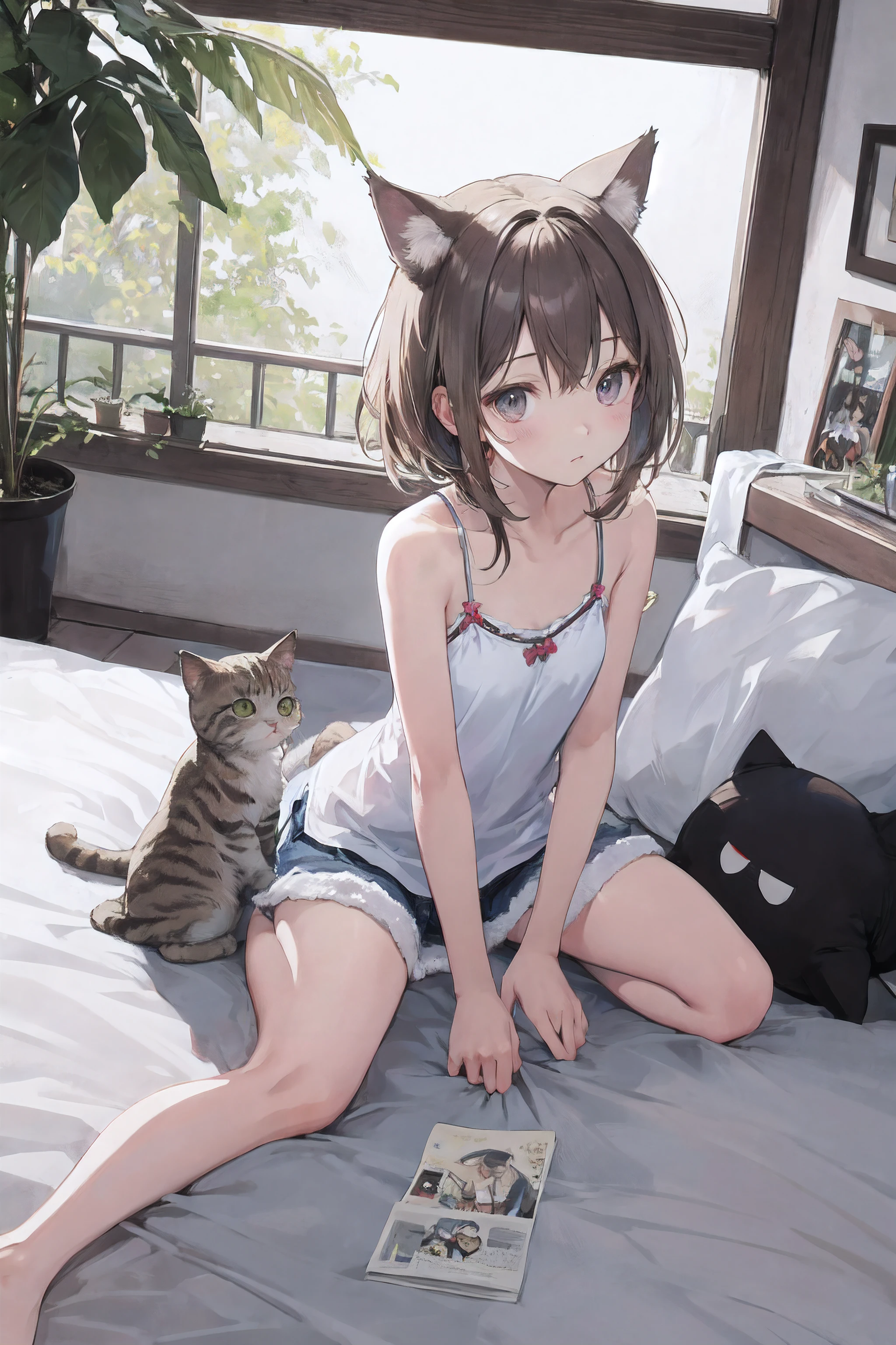 Realistically, 1 Girl, ponytail, Brown eyes, Glowing Eyes, White short skirt, blush, Daytime, Raindrops, See through, Knee hug, Strapless shirt, Nipples, Small breasts, Sit with your knees raised., Underarm, Cleavage, Micro Panties, hot spring, 18-year-old, Cat Revealed, share, Take off, Big smile