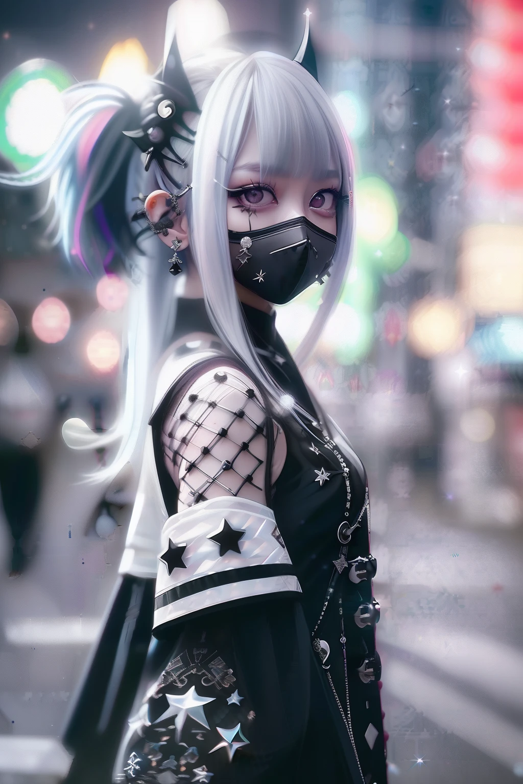 Red-haired、goth_punk, 1girl in, solo, medium shot, Walking in Harajuku, ((during night)), bokeh dof, Neon light, Iridescent eyes, starrysky, Red glowing hair, White eyebrows, Radiant hair, (iridescent white hair), earrings, bangss, jewely, masks, bluntbangs, verd s eyes, Mouth mask, blurry backround, bblurry, hair adornments, Look at viewers, shorth hair, portraitures, side locks