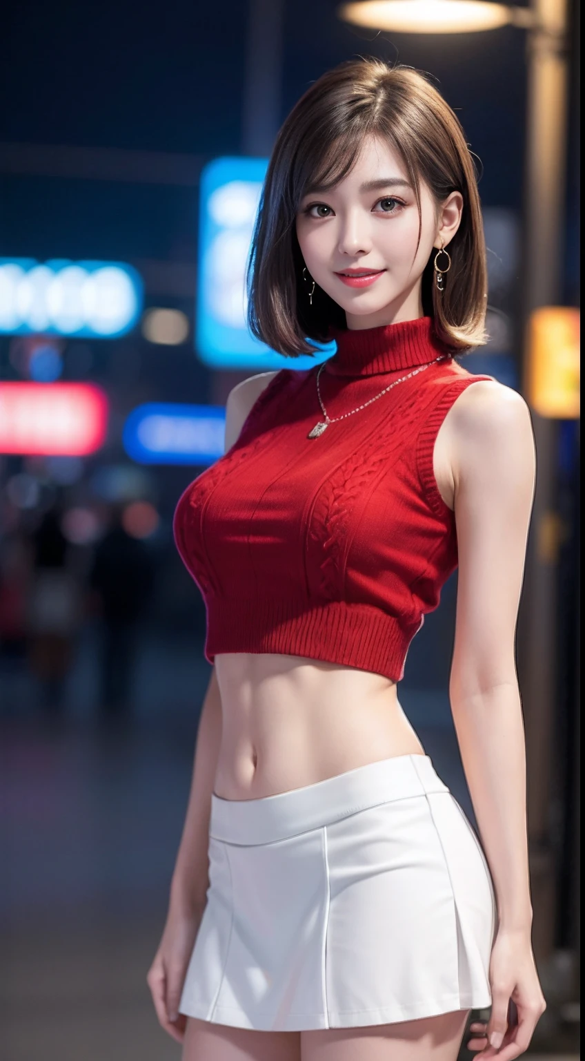 8K, yes, Masterpiece, RAW photo, Best quality, Photorealistic, Extremely detailed Cg Unity 8K wallpapers, Depth of field, Cinematic light, Lens flare, Ray tracing, (Extremely beautiful face, Beautiful lips, Beautiful eyes), intricate detail face, ((ultra detailed skin)) 1girll, In the dark, deepshadow, Pretty Korean girl, Kpop idol, 1 girl, (Very slim and slender muscular body:1.3), ((view the viewer)),(Big smile:1.3), (Fashion night, Dark night, (neon lights sign), (Blurred background), Fashion Street Night),(No one is in the background:1.3), Beautiful earrings, bangle, necklace, Pantyhose, Clear eyes, (Pale skin), (Big eyes), Face forward, ((upperbody shots)), (view the viewer:1.3) Very slim, Medium breasts, Bigchest,Colossal tits:1.2,(Ultra-realistic, Gaze towards the viewer, Ultra mini skirt、Very short skirt、Ultra mini skirt,Long slit at the waist、Ultra mini skirt,Long slit at the waist, (A high resolution), (8K), (The is very detailed), (Brown hair, short-hair), (Woman in red short sleeveless sweater and very short skirt、show navel), (Slim body)