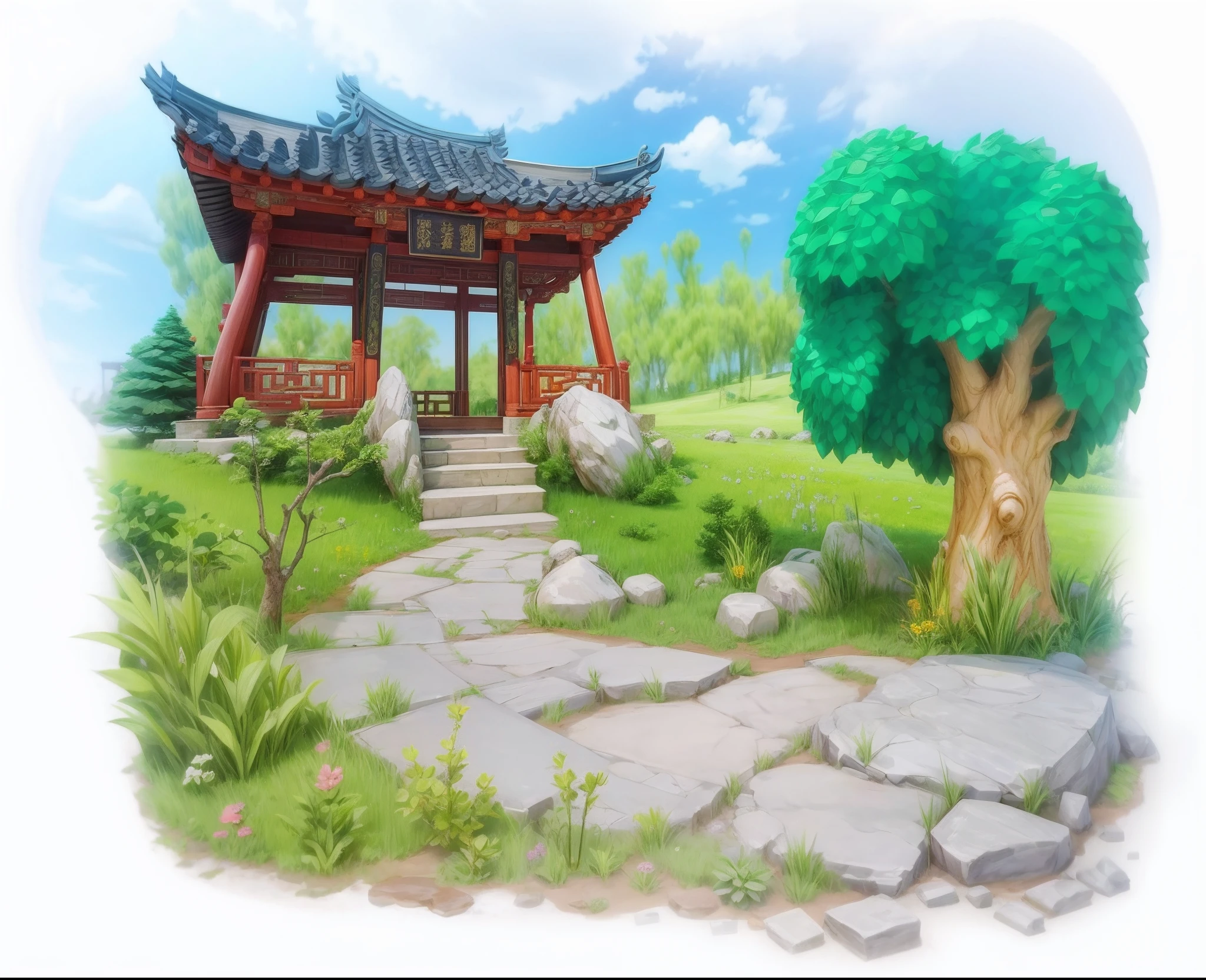tmasterpiece,high qulity,A cartoon landscape,Chinese style pavilion,The tree,a plant,Flowers,steins,estilo cartoon 3d,There is texture,Ray traching,4K,
