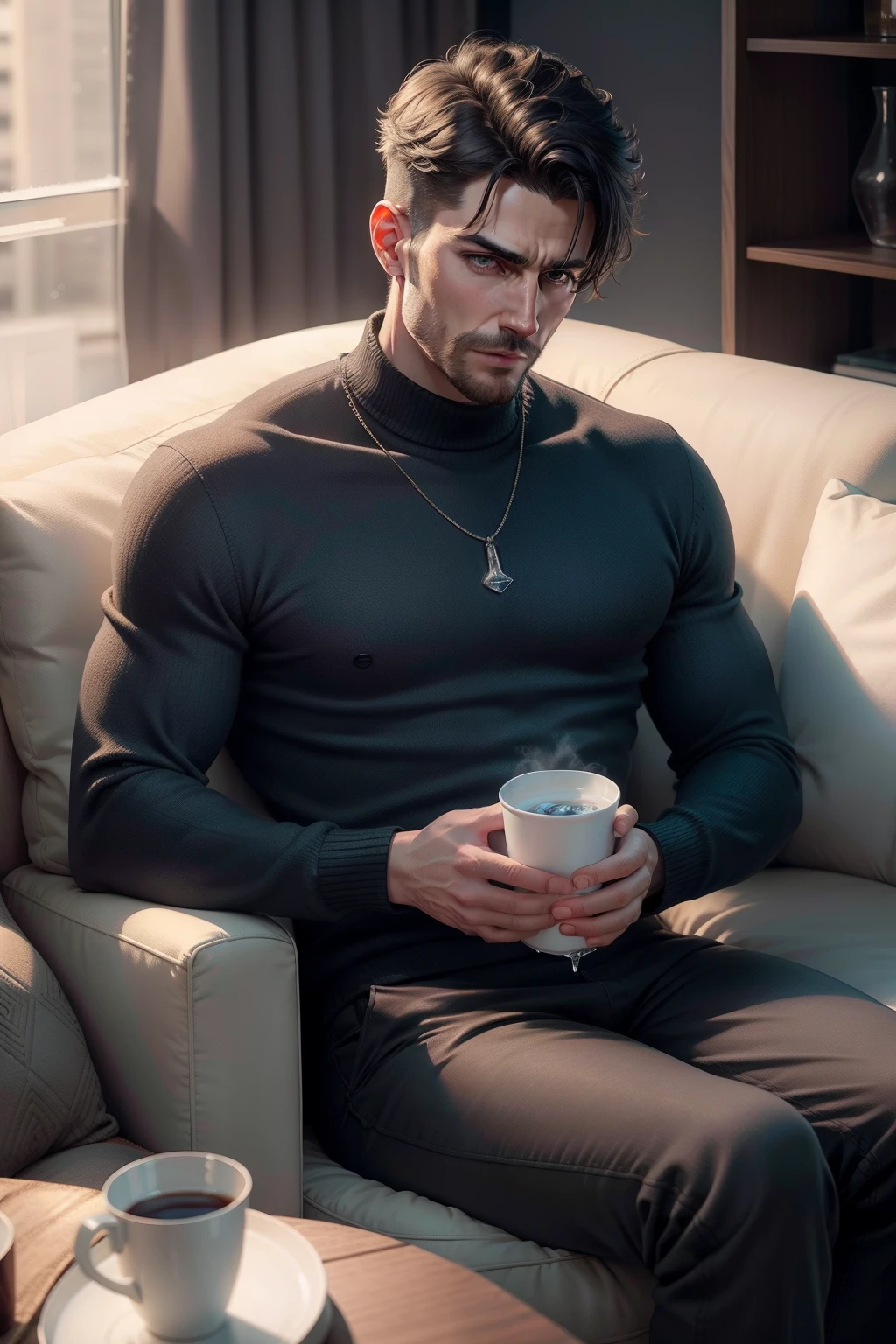 Short haired man drinking ice water on sofa in thick clothes，highly  detailed， Sharp focus， A digital rendering， professinal， 4K，（（best qualtiy））， （Realistis）），Winters，