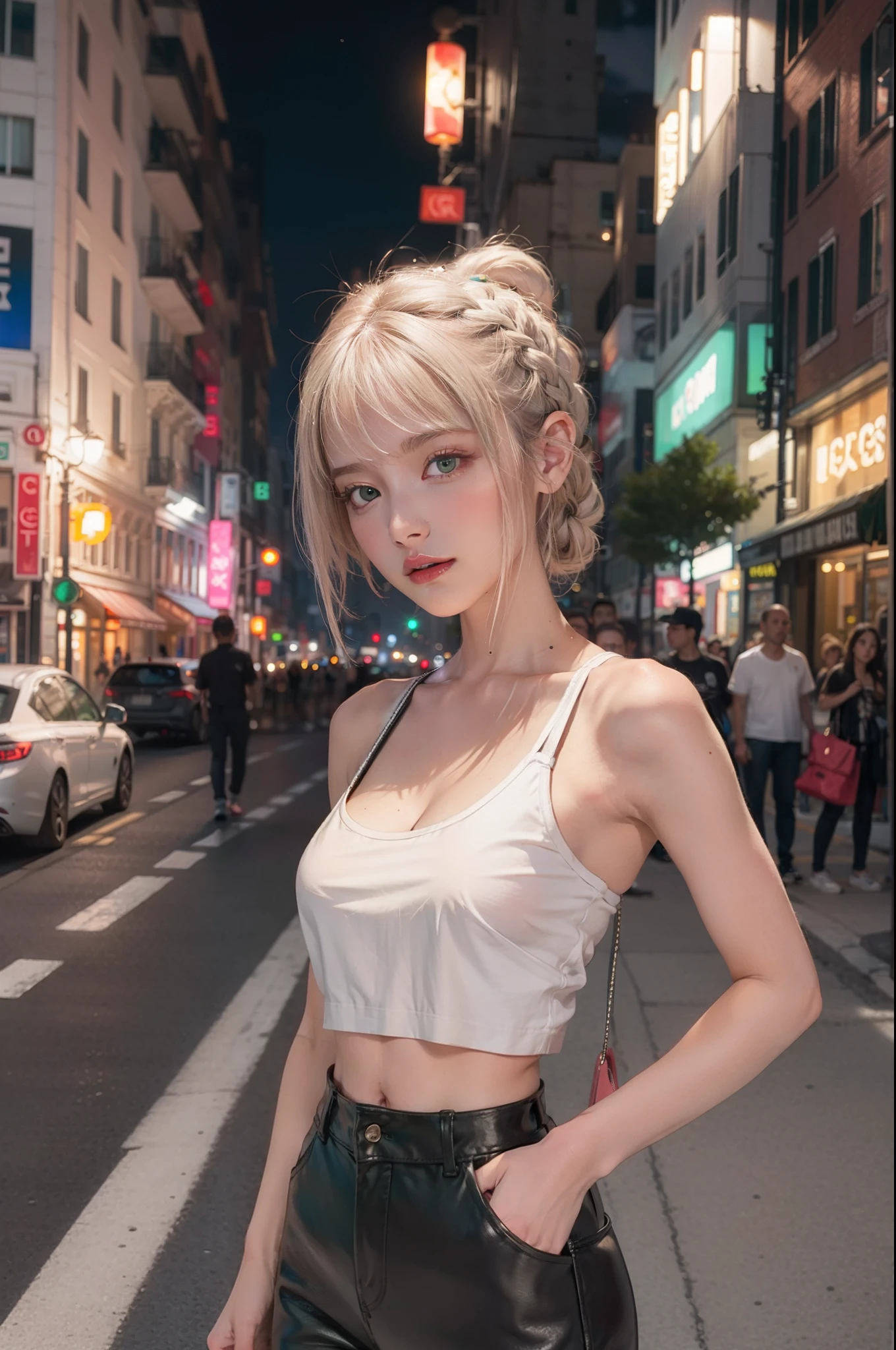 masterpiece, best quality, nsfw, 1girl, platinum blonde hair, short hair, green eyes, braids, small perky breasts, on the street, night, neon light, white t-shirt, braless, black pants, poker face, front view, standing, in crowd,