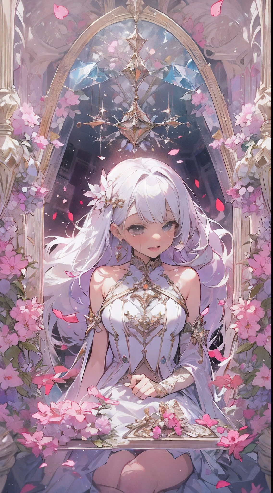 Kizi,whiteskirt,Sitting in a crystal coffin,blossoms,Laughing and crying,Exquisitely,quadratic element