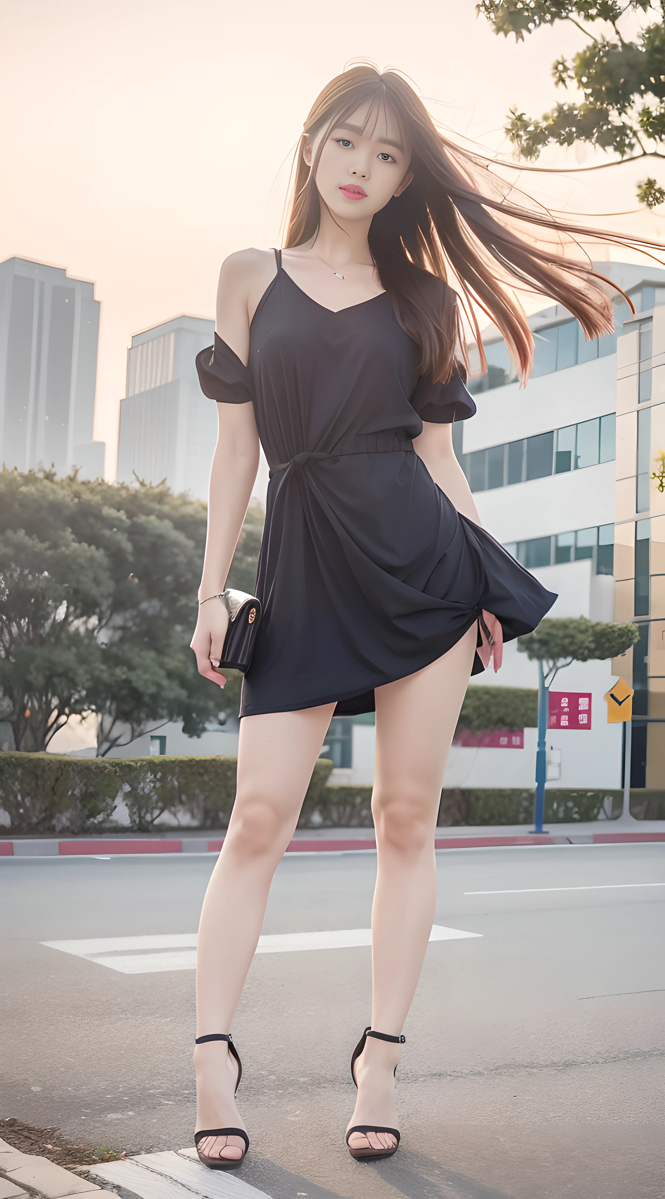 25 year old female, black long curly hair、through bangs、White skinny turtleneck sweater, Fluffy、a skirt, Small shawl、Medium milk, cute smiling face、(Put your hands behind your back)、(slalom)、Sexy buttocks、red high heel pumps、Park with lake、A sexy pose、Sexy lace,choker necklace、ear nipple ring、fully body photo