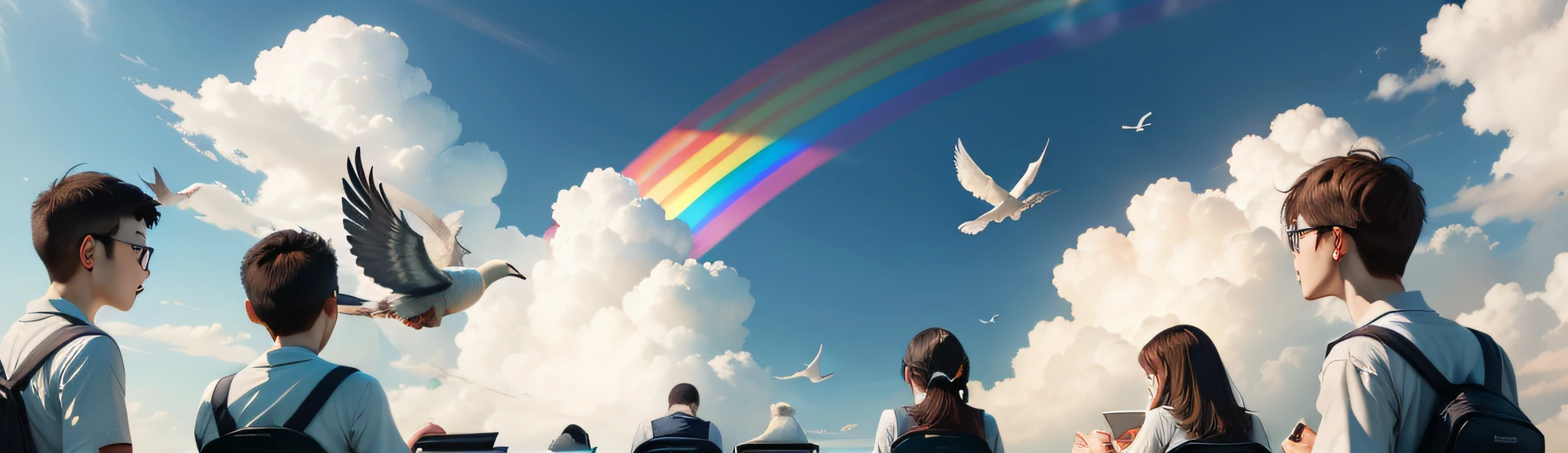A group of learning Christians,Look up,Study hard every day,Blue skies and white clouds with pigeons flying,A rainbow hangs in the sky。