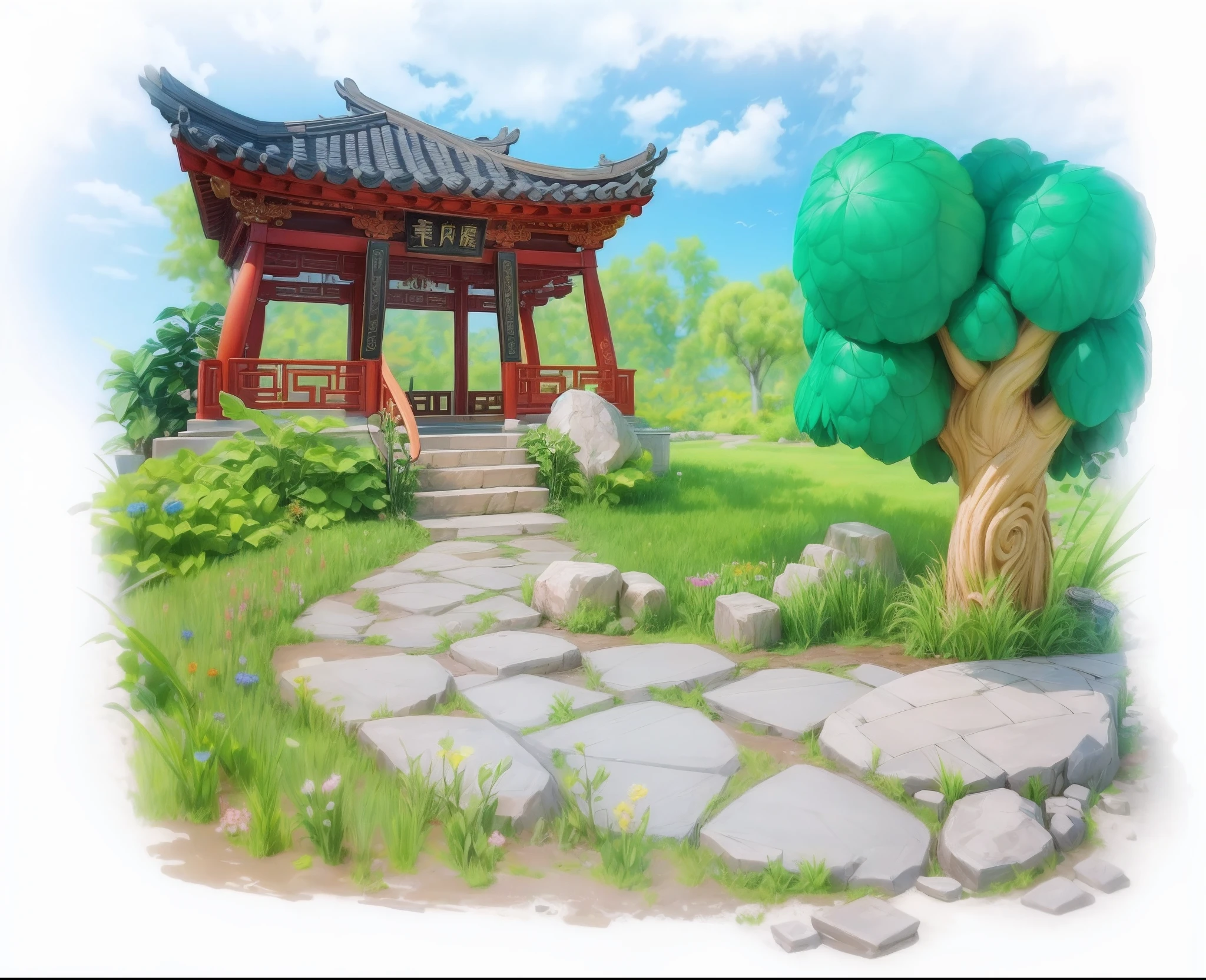 tmasterpiece,high qulity,Cartoon scenery,Chinese Pavilion,The tree,A plant,Flowers,steins,estilo cartoon 3d,There is texture,Ray traching,4K,