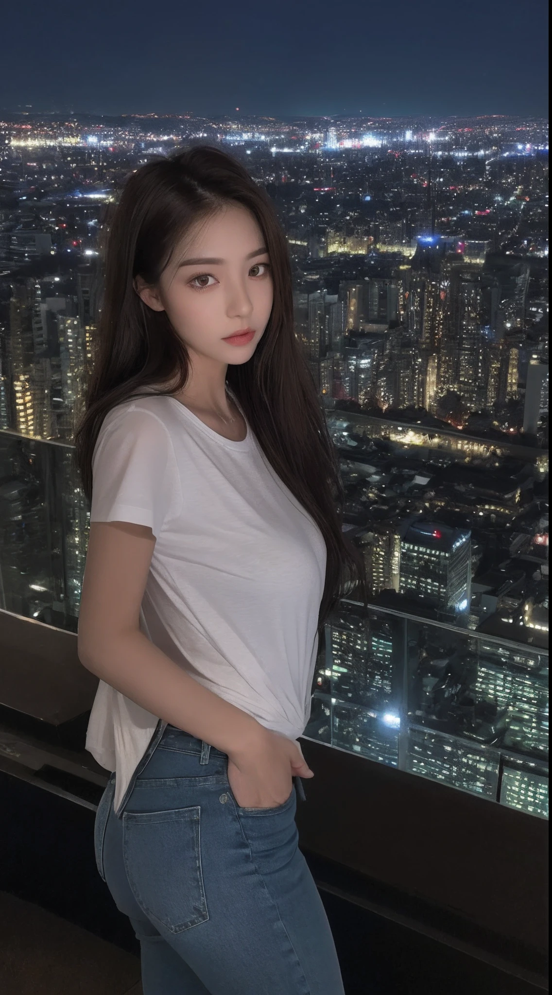((Midnight, Best quality, 8k, Masterpiece :1.3)), Whole body, Long legs, Sharp focus :1.2, A pretty woman with perfect figure :1.4, Slender abs :1.1, ((Dark brown hair, Big breasts :1.2)), (White tight tshirt, Jean bib, Standing:1.2), ((Night city view, Rooftop:1.3)), Highly detailed face and skin texture, Detailed eyes, Double eyelid